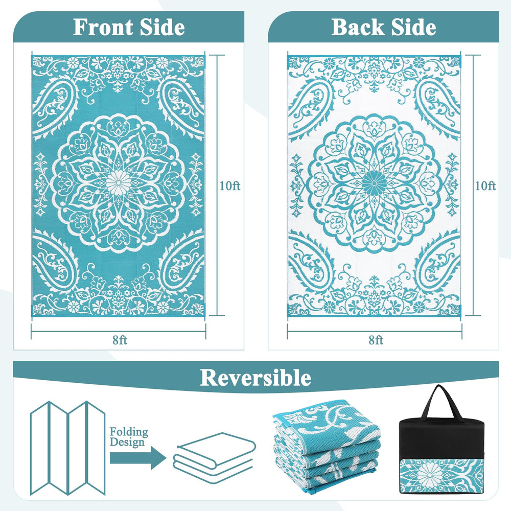 Pauwer Outdoor Rug 8x10 Boho Teal floral pattern