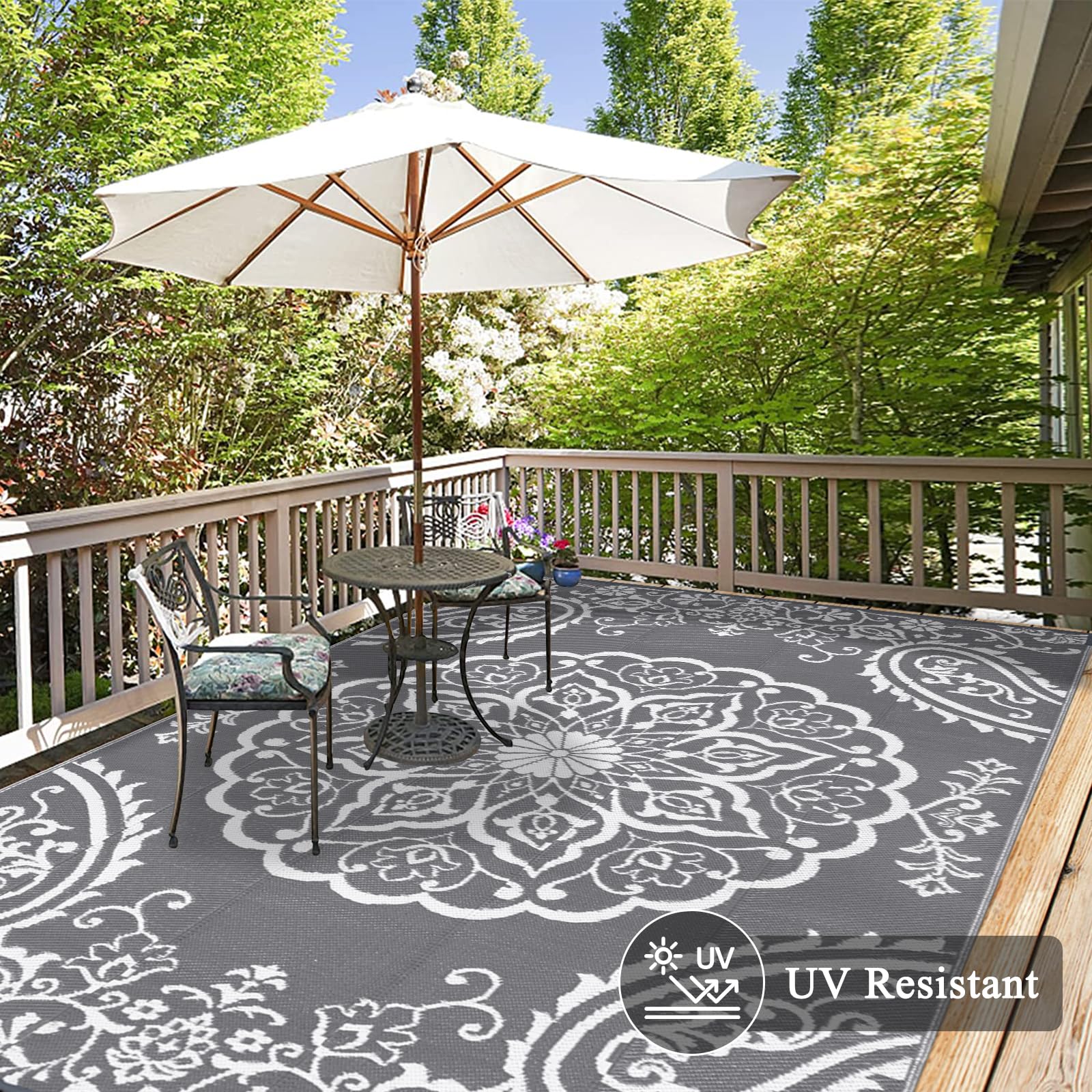 Pauwer Outdoor Rug 8x10 close-up of floral pattern