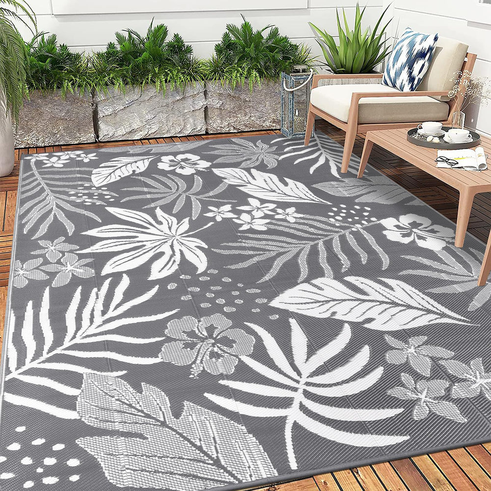 Pauwer Outdoor Rug 8x10 Floral Grey detail of material