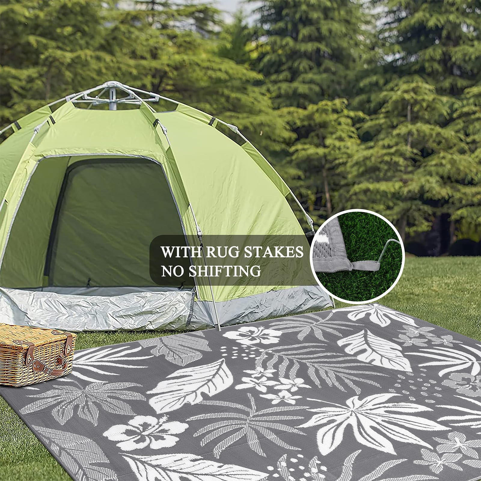 Pauwer Outdoor Rug 8x10 Floral Grey in a camping setting