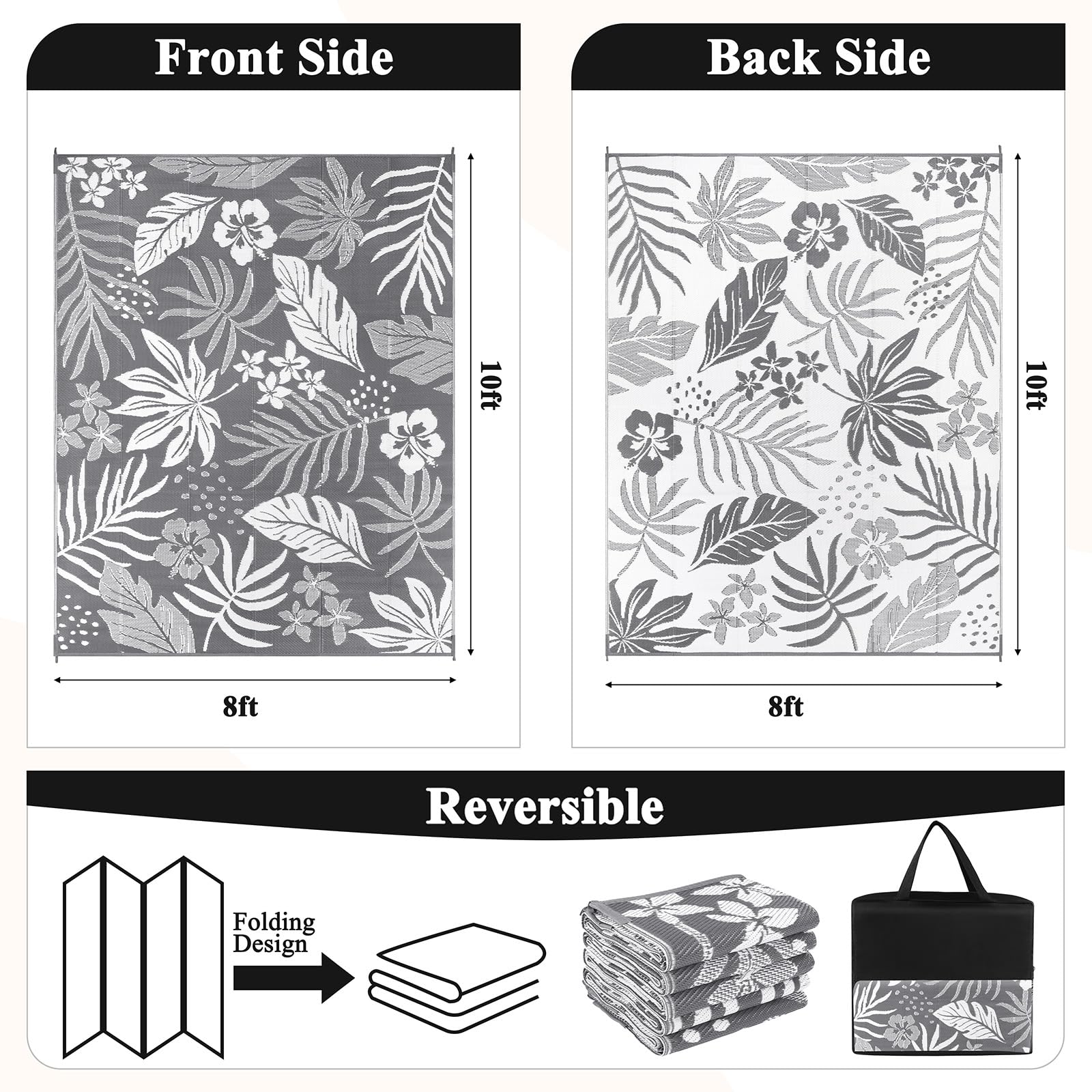 Pauwer Outdoor Rug 8x10 Floral Grey reversible design
