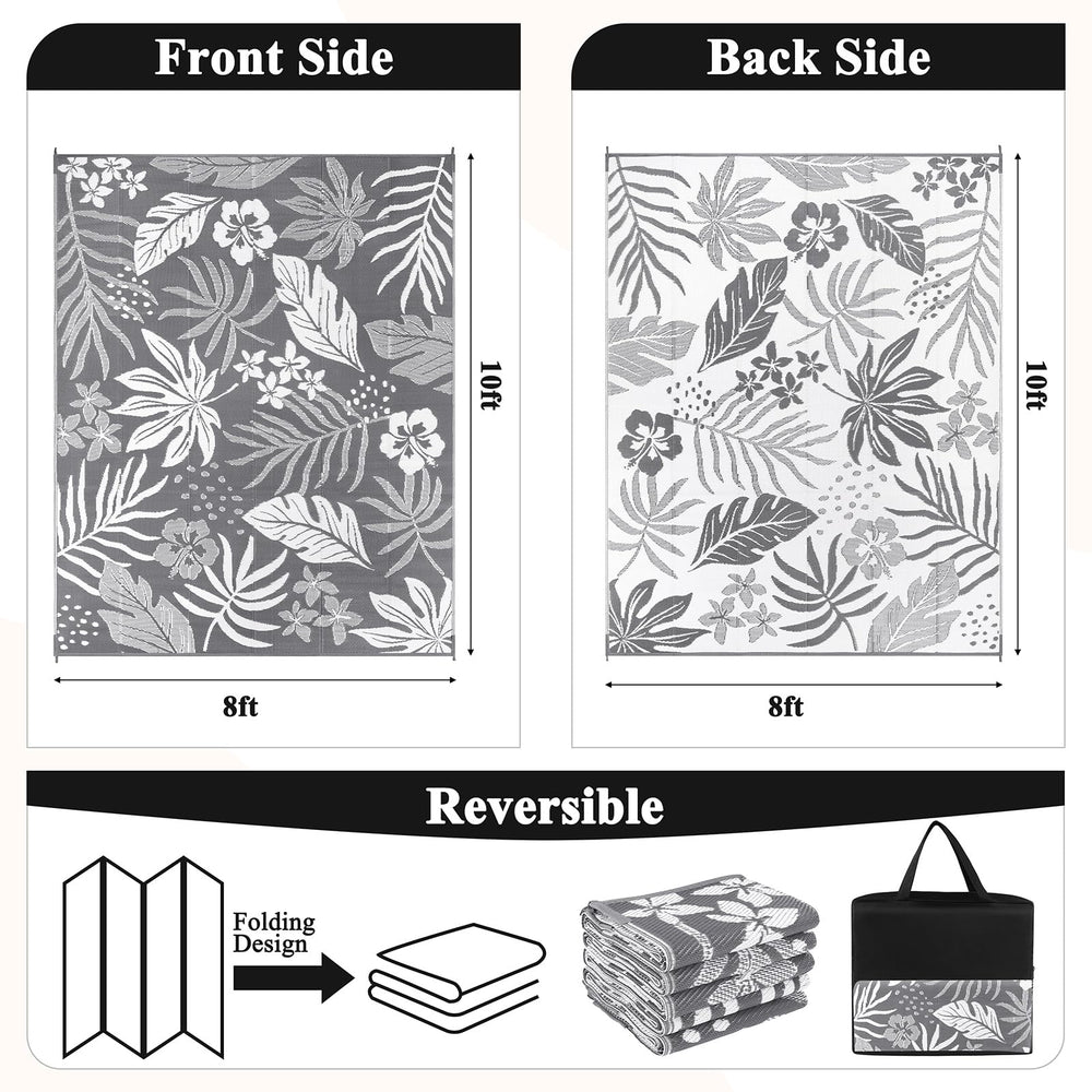 Pauwer Outdoor Rug 8x10 Floral Grey reversible design