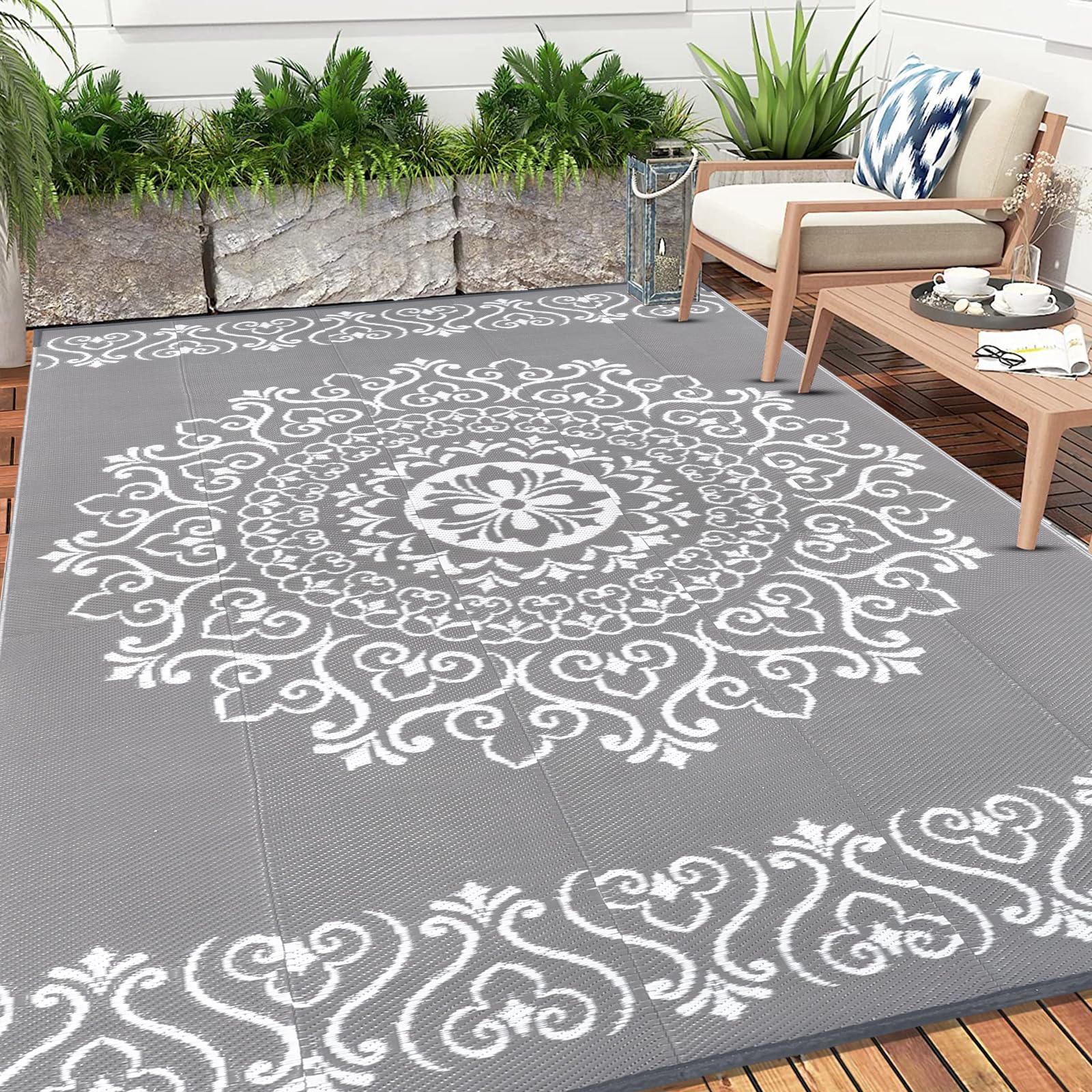 Pauwer Outdoor Rug 8x10 Floral Grey setup at a picnic