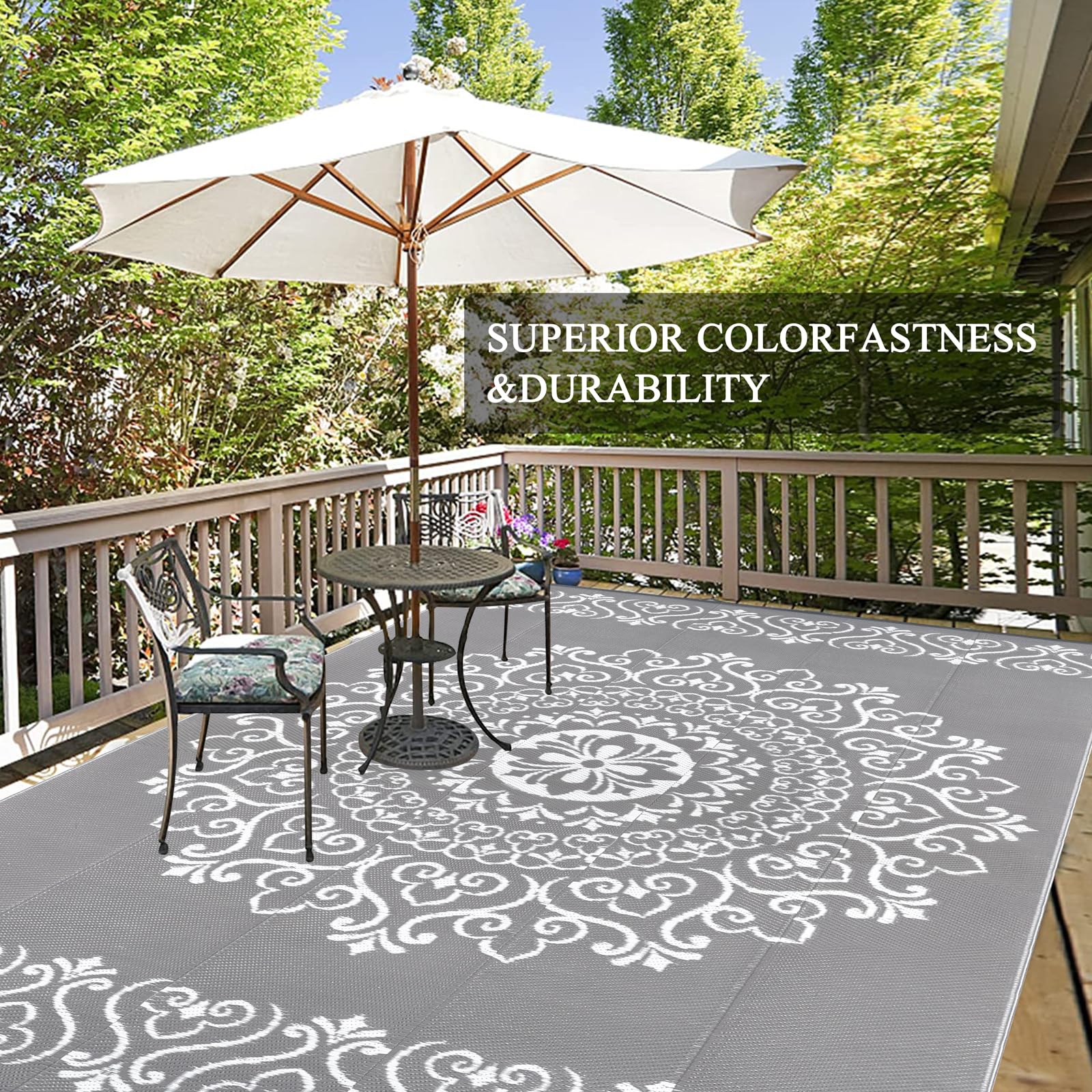 Pauwer Outdoor Rug 8x10 Floral Grey with carrying bag
