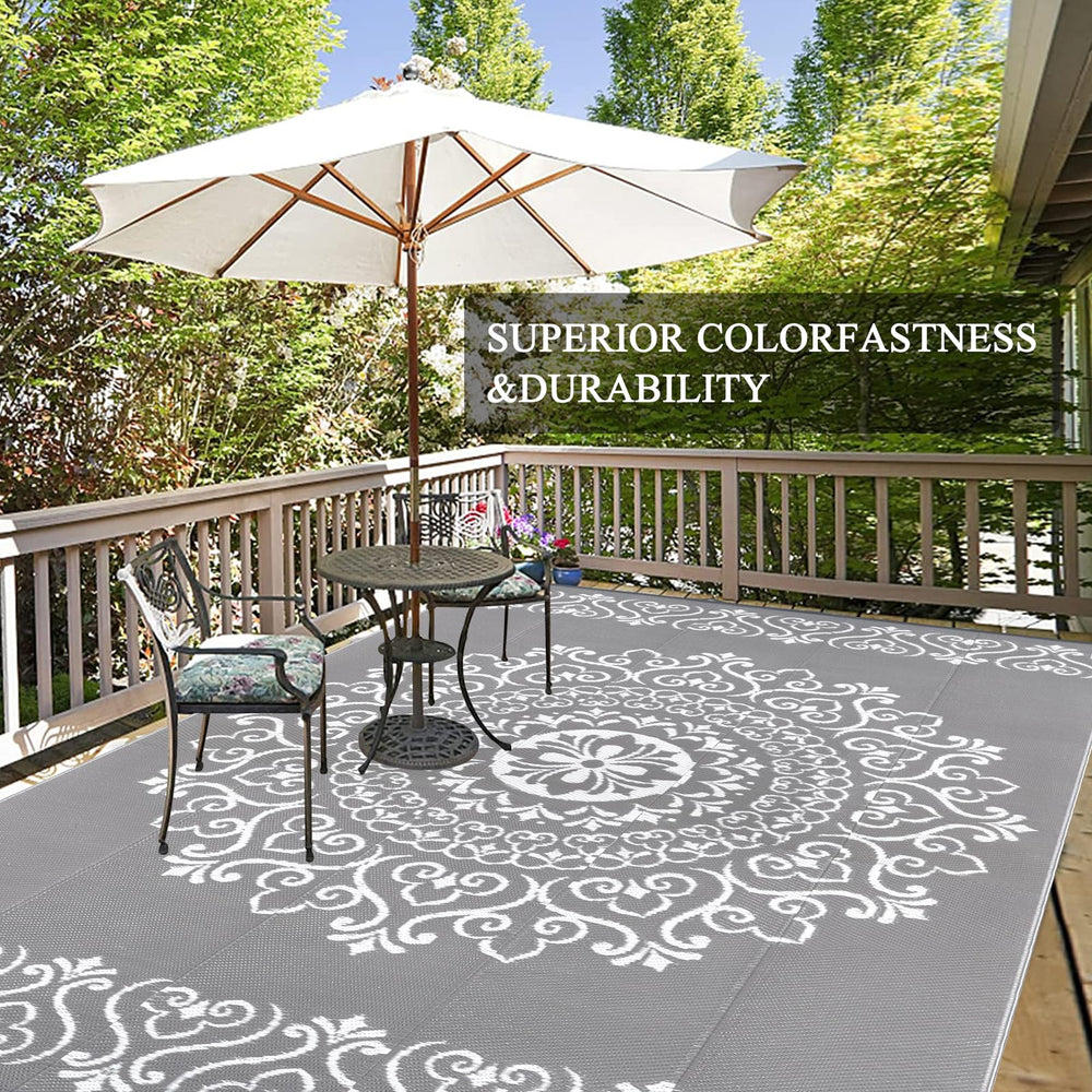 Pauwer Outdoor Rug 8x10 Floral Grey with carrying bag