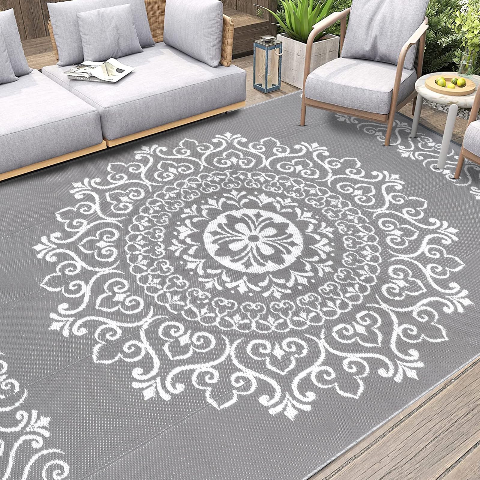 Pauwer Outdoor Rug 8x10 Floral Grey with rug stakes