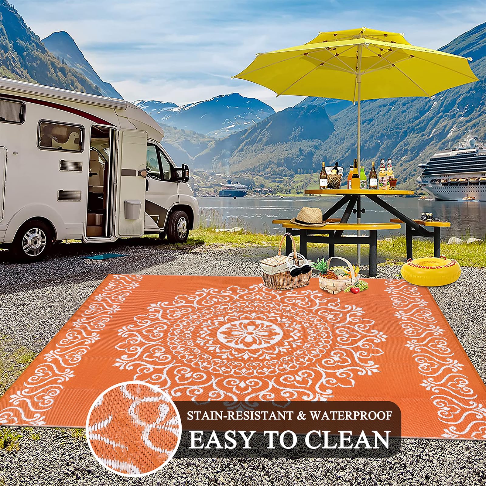 Pauwer Outdoor Rug 8x10 Floral Orange detail of pattern