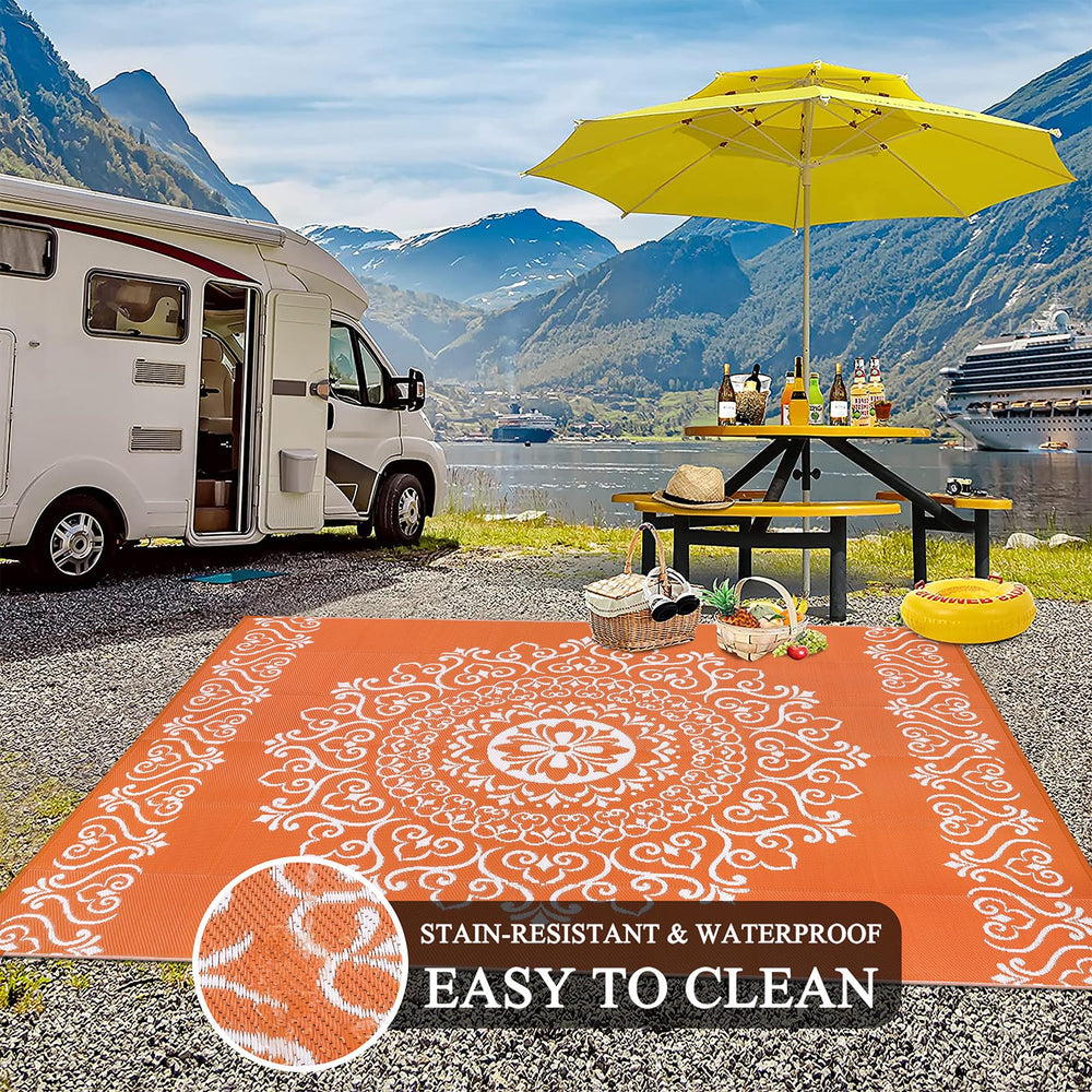 Pauwer Outdoor Rug 8x10 Floral Orange detail of pattern
