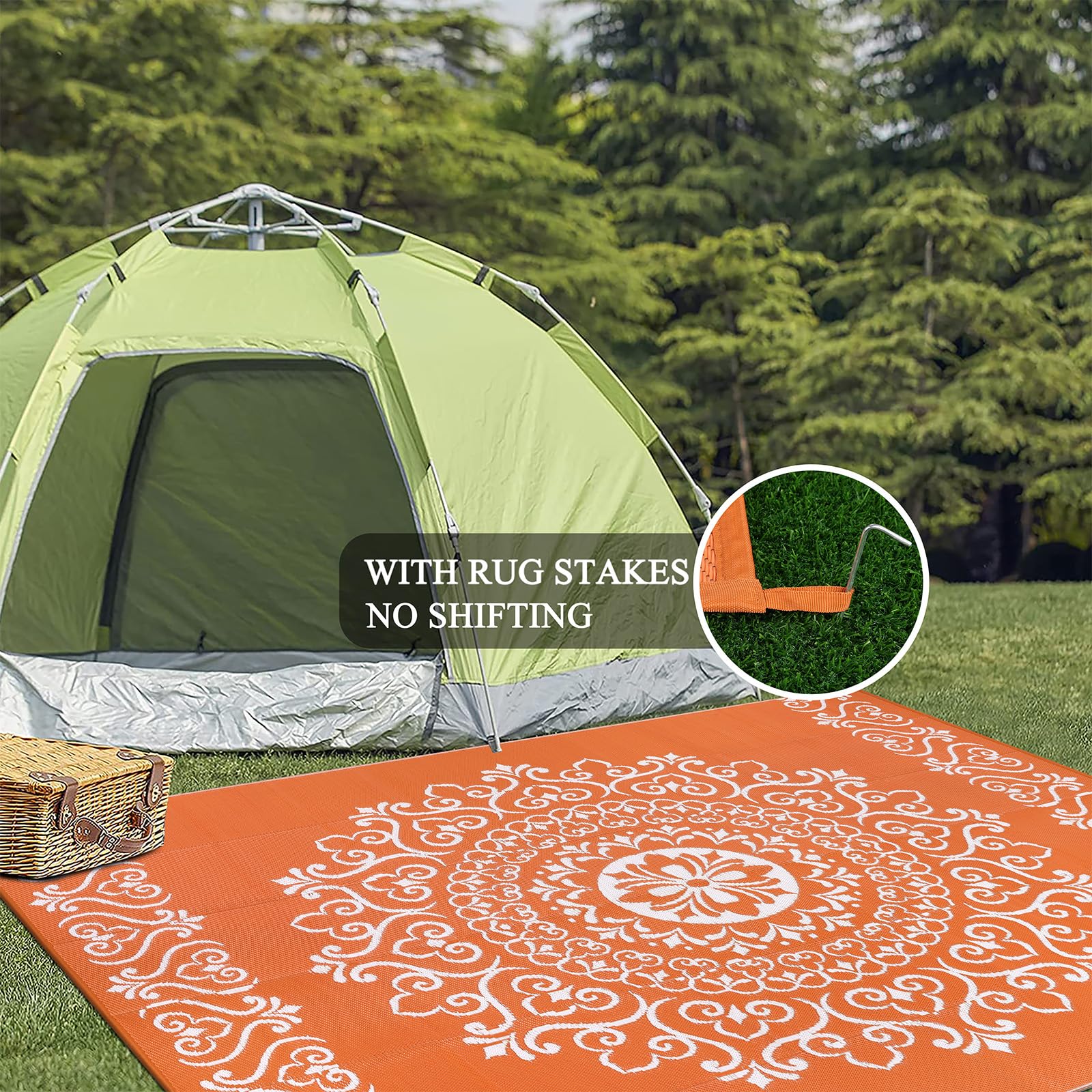 Pauwer Outdoor Rug 8x10 Floral Orange on patio