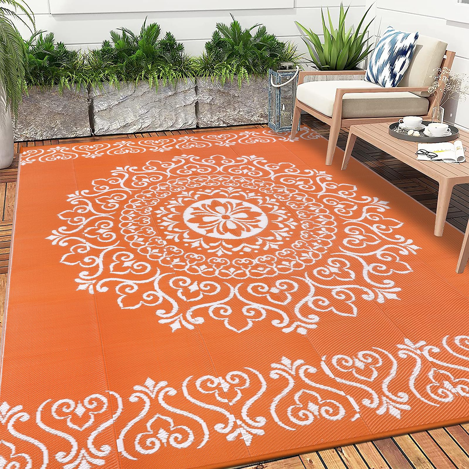 Pauwer Outdoor Rug 8x10 Floral Orange with rug stakes