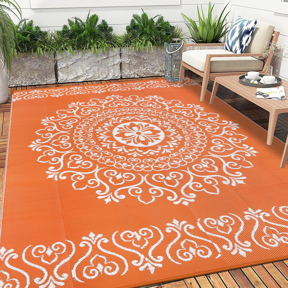 Pauwer Outdoor Rug 8x10 Floral Orange with rug stakes