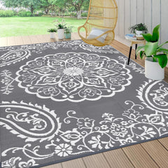 Pauwer Outdoor Rug 8x10 grey floral reversible design front view