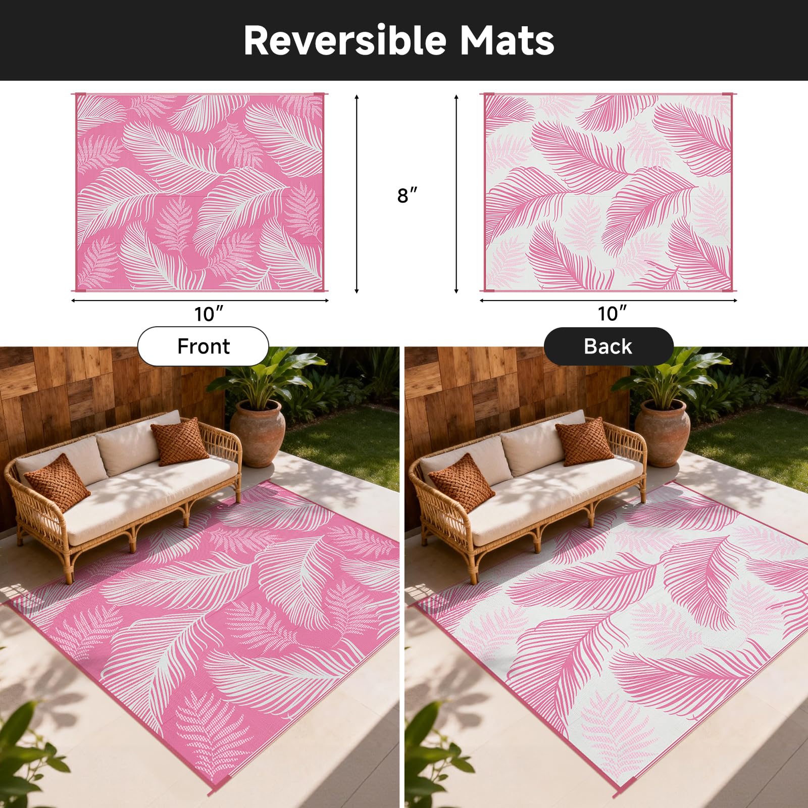 Pauwer Outdoor Rug 8x10 Leaf Pink on patio