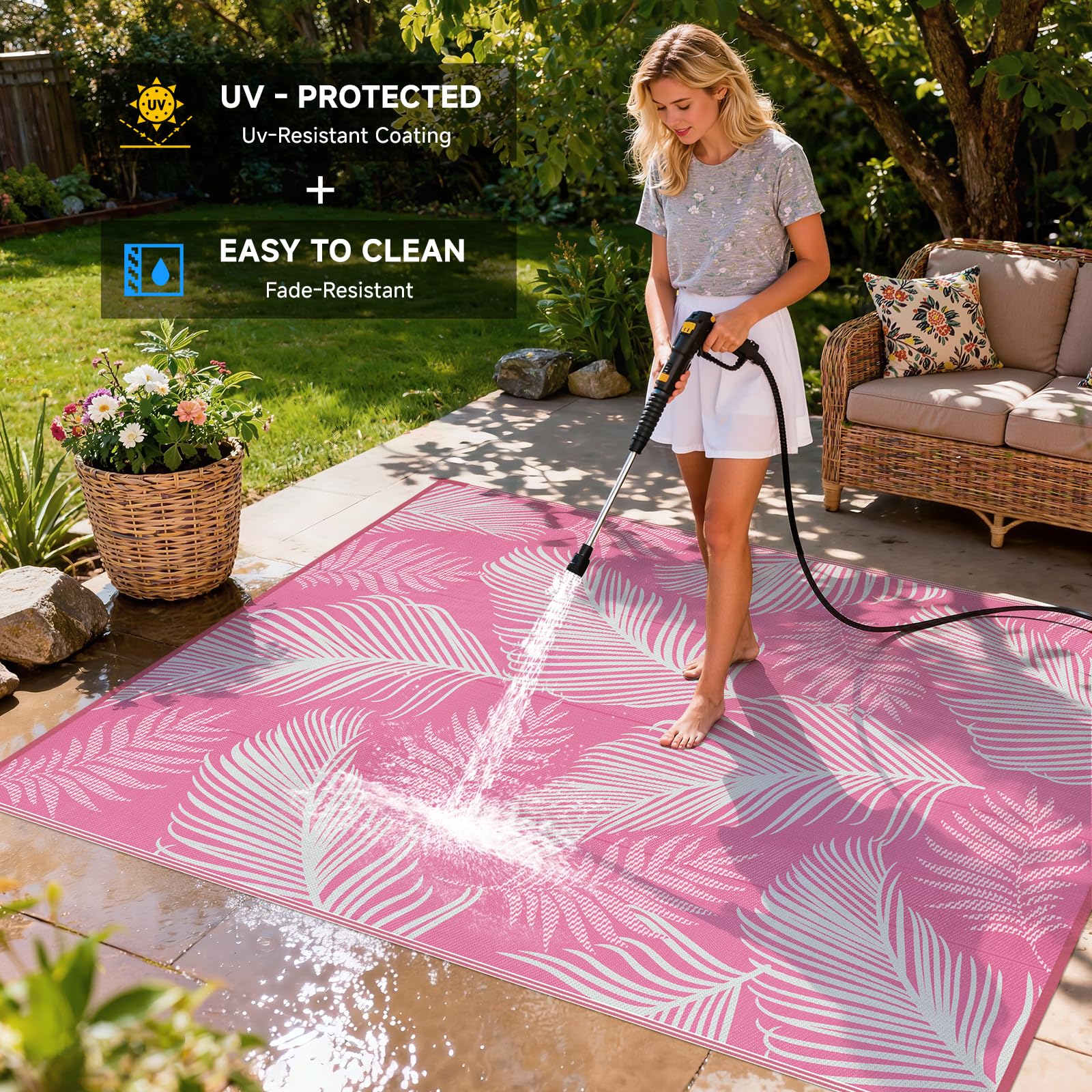 Pauwer Outdoor Rug 8x10 Leaf Pink with carrying bag