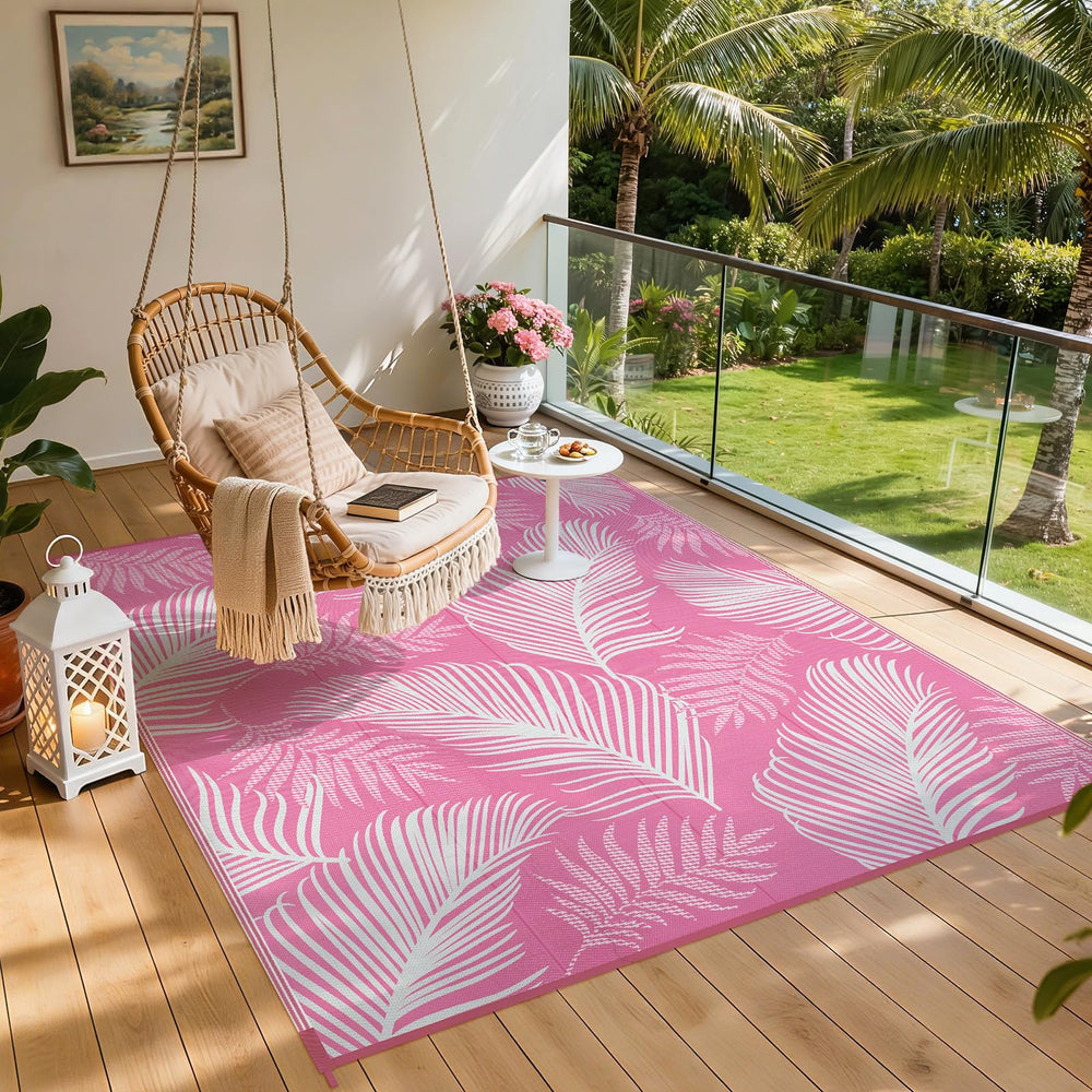 Pauwer Outdoor Rug 8x10 Leaf Pink with rug stakes
