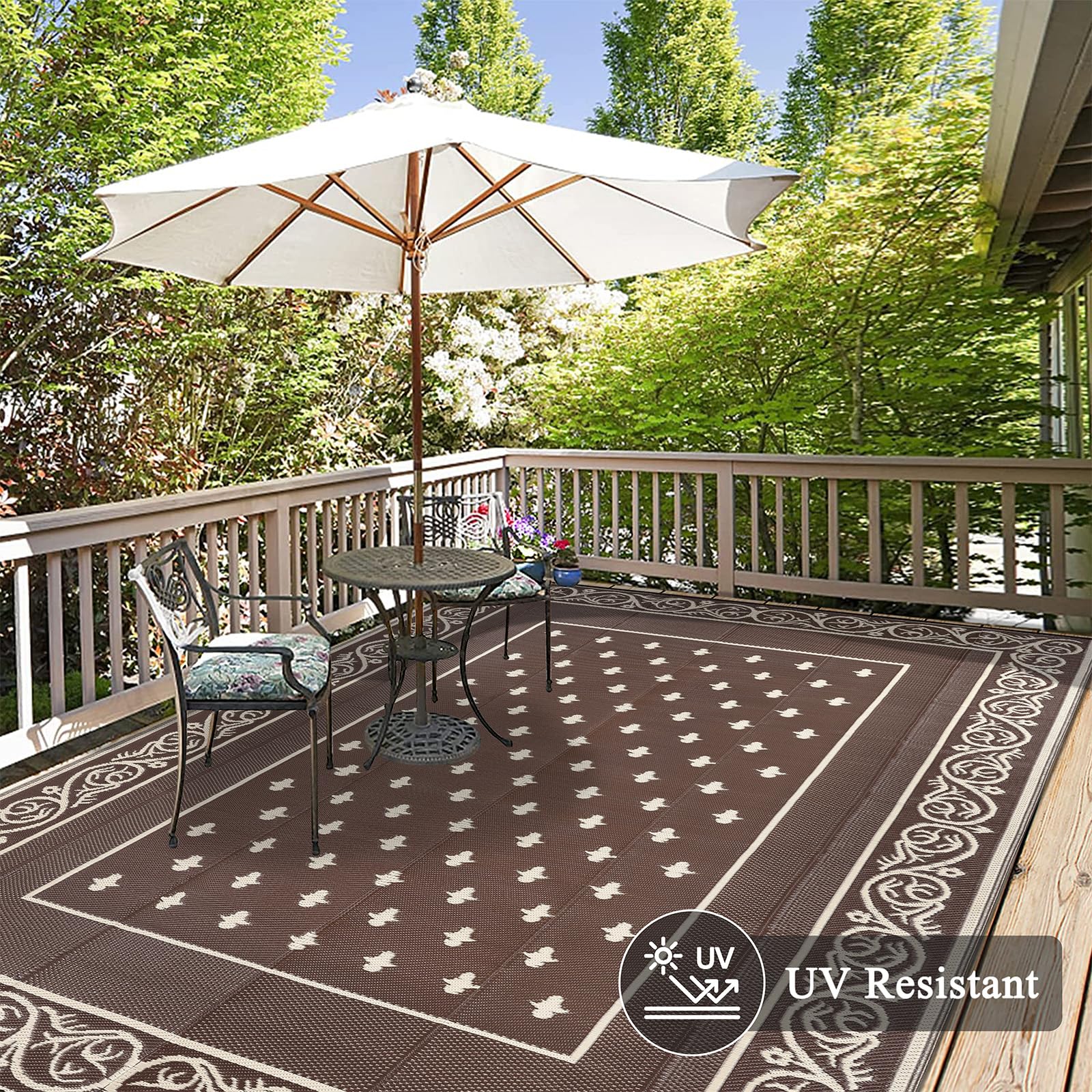 Pauwer Outdoor Rug 8x10 on patio setting
