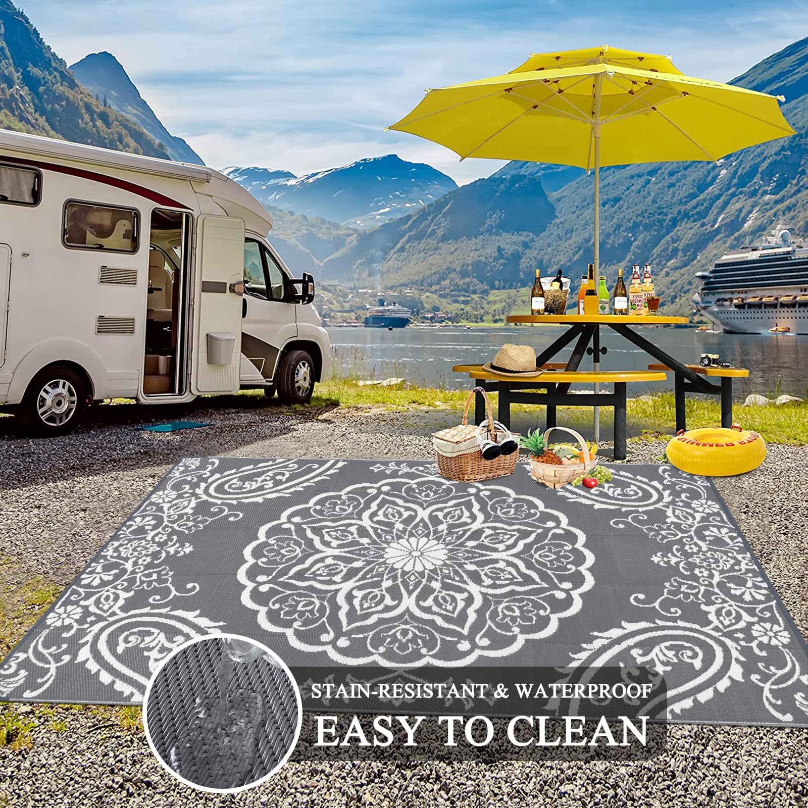 Pauwer Outdoor Rug 8x10 on sand at beach