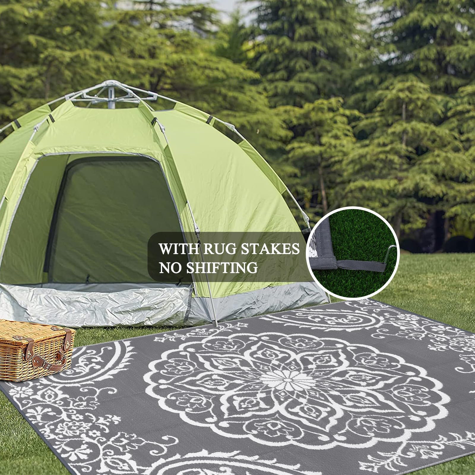 Pauwer Outdoor Rug 8x10 secured with rug stakes