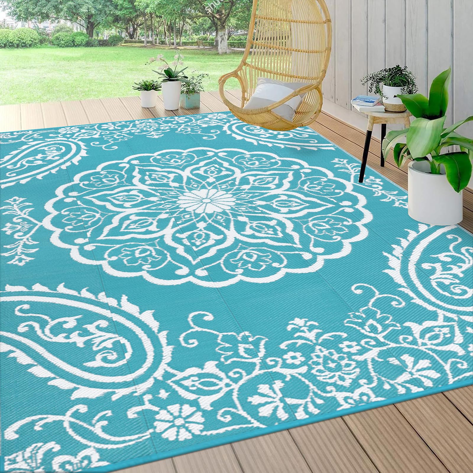 Pauwer Outdoor Rug 9x12 Boho Teal front view