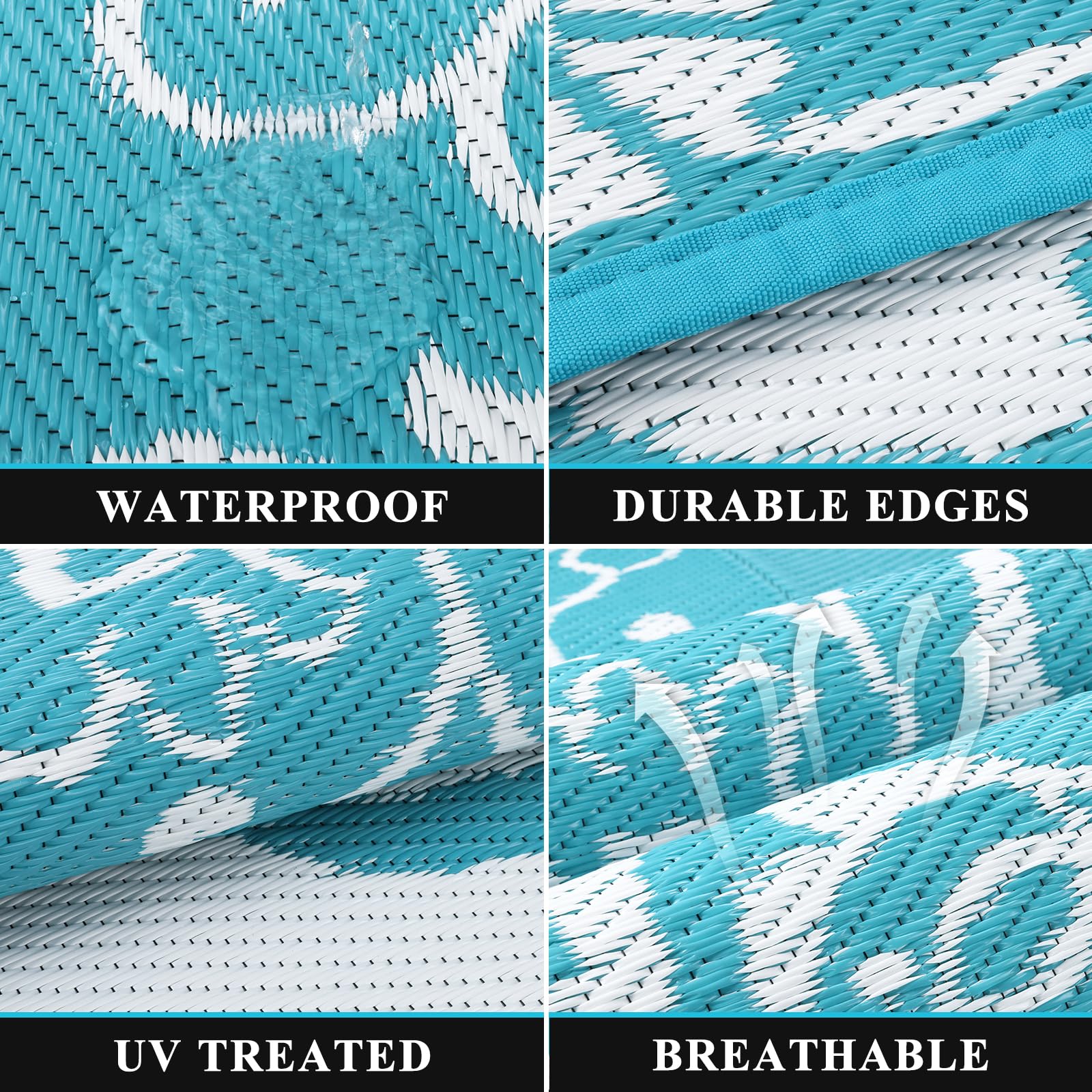 Pauwer Outdoor Rug 9x12 Boho Teal reversible design