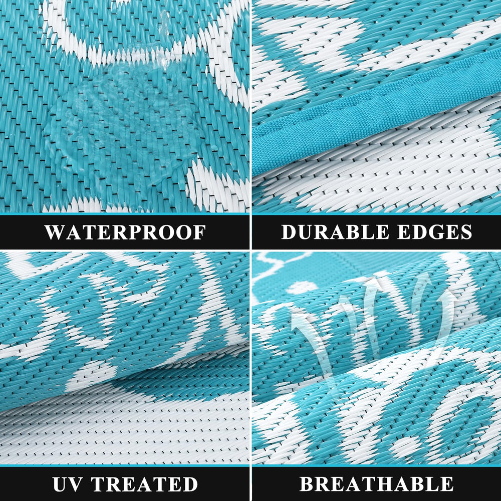 Pauwer Outdoor Rug 9x12 Boho Teal reversible design