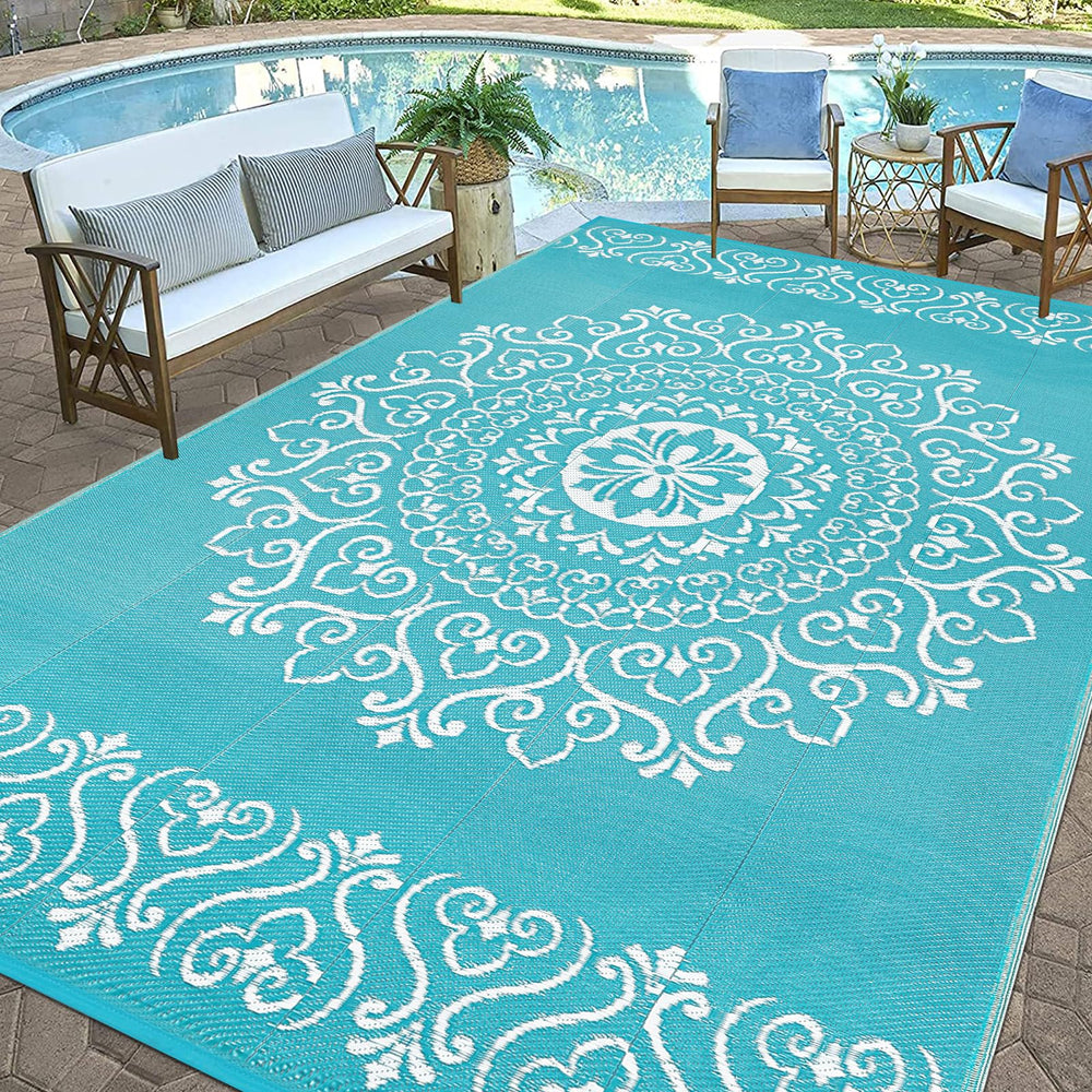Pauwer Outdoor Rug 9x12 Floral Teal back view