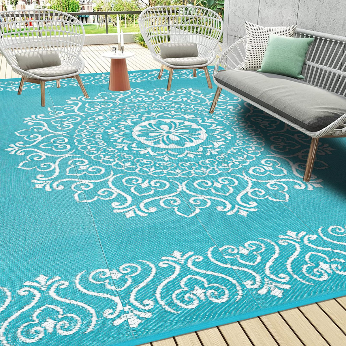Pauwer Outdoor Rug 9x12 Floral Teal front view