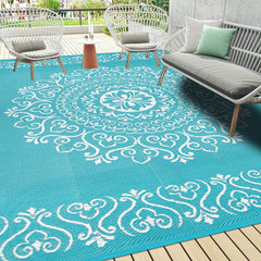 Pauwer Outdoor Rug 9x12 Floral Teal front view
