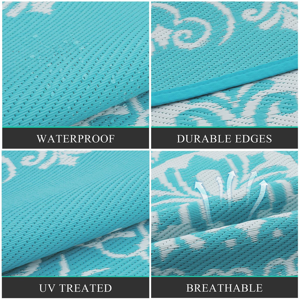 Pauwer Outdoor Rug 9x12 Floral Teal in outdoor setting