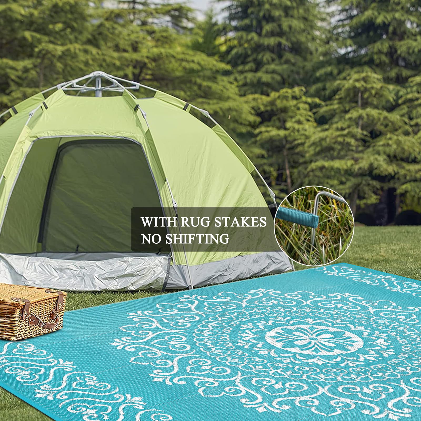 Pauwer Outdoor Rug 9x12 Floral Teal rolled up for storage
