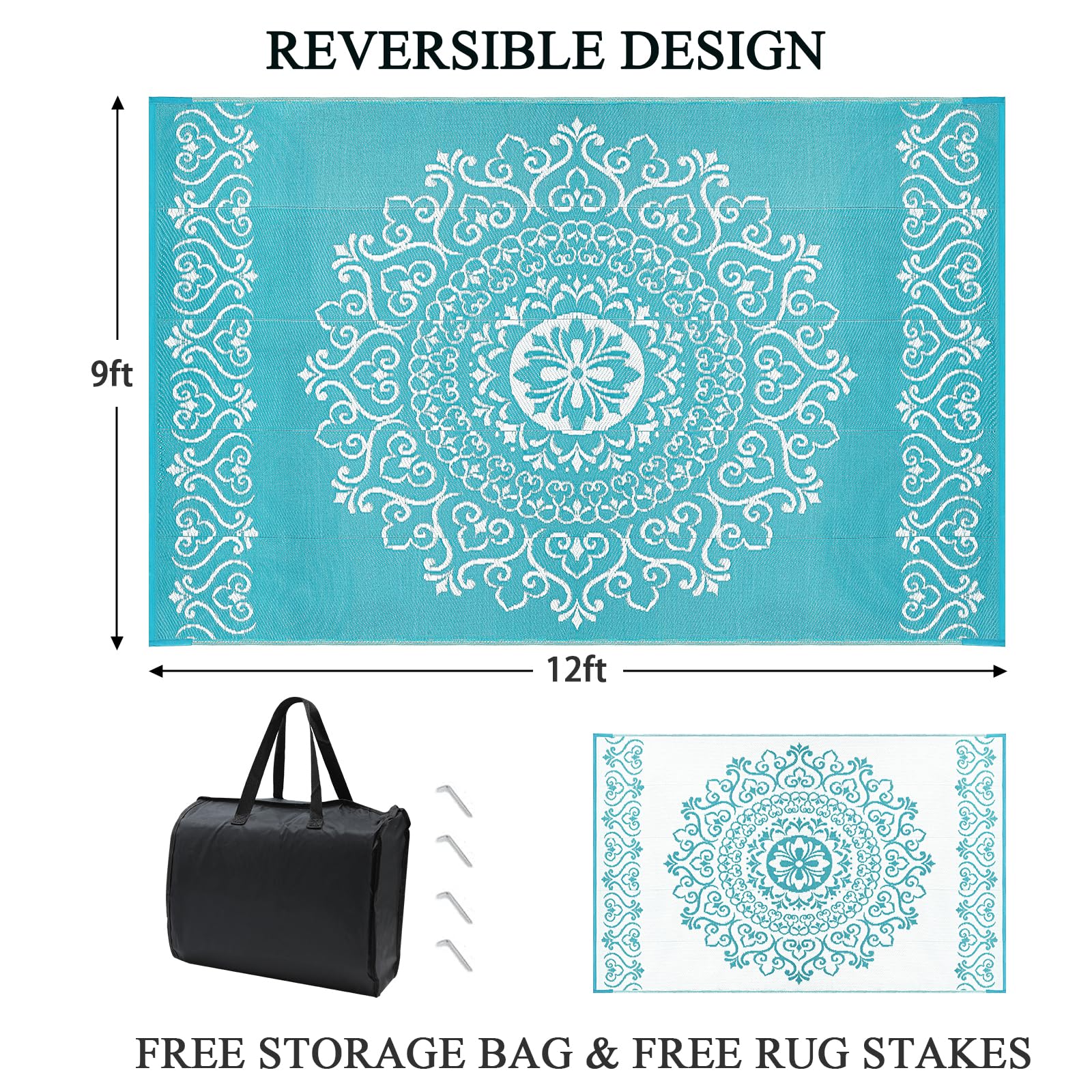 Pauwer Outdoor Rug 9x12 Floral Teal with carrying bag