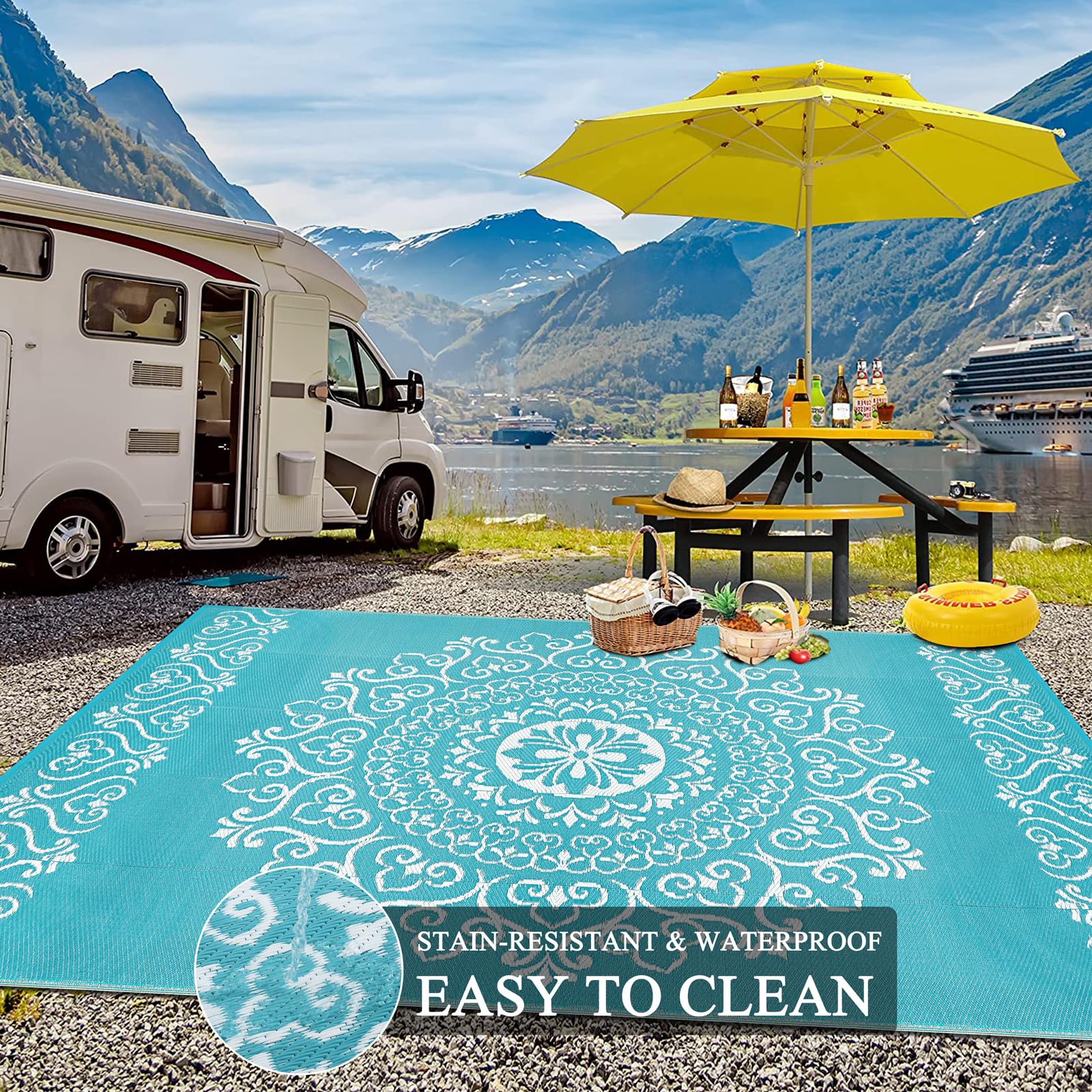 Pauwer Outdoor Rug 9x12 Floral Teal with rug stakes