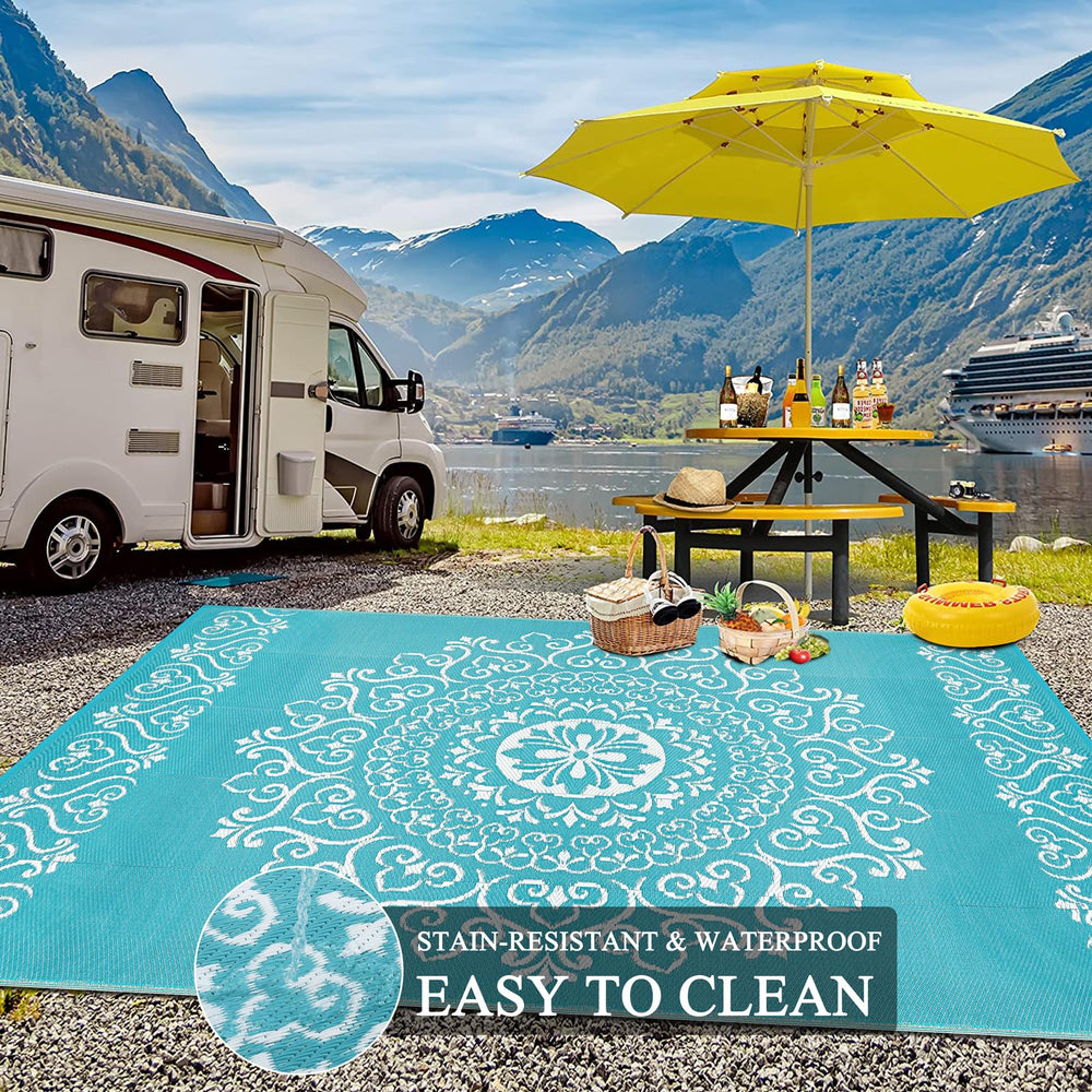 Pauwer Outdoor Rug 9x12 Floral Teal with rug stakes