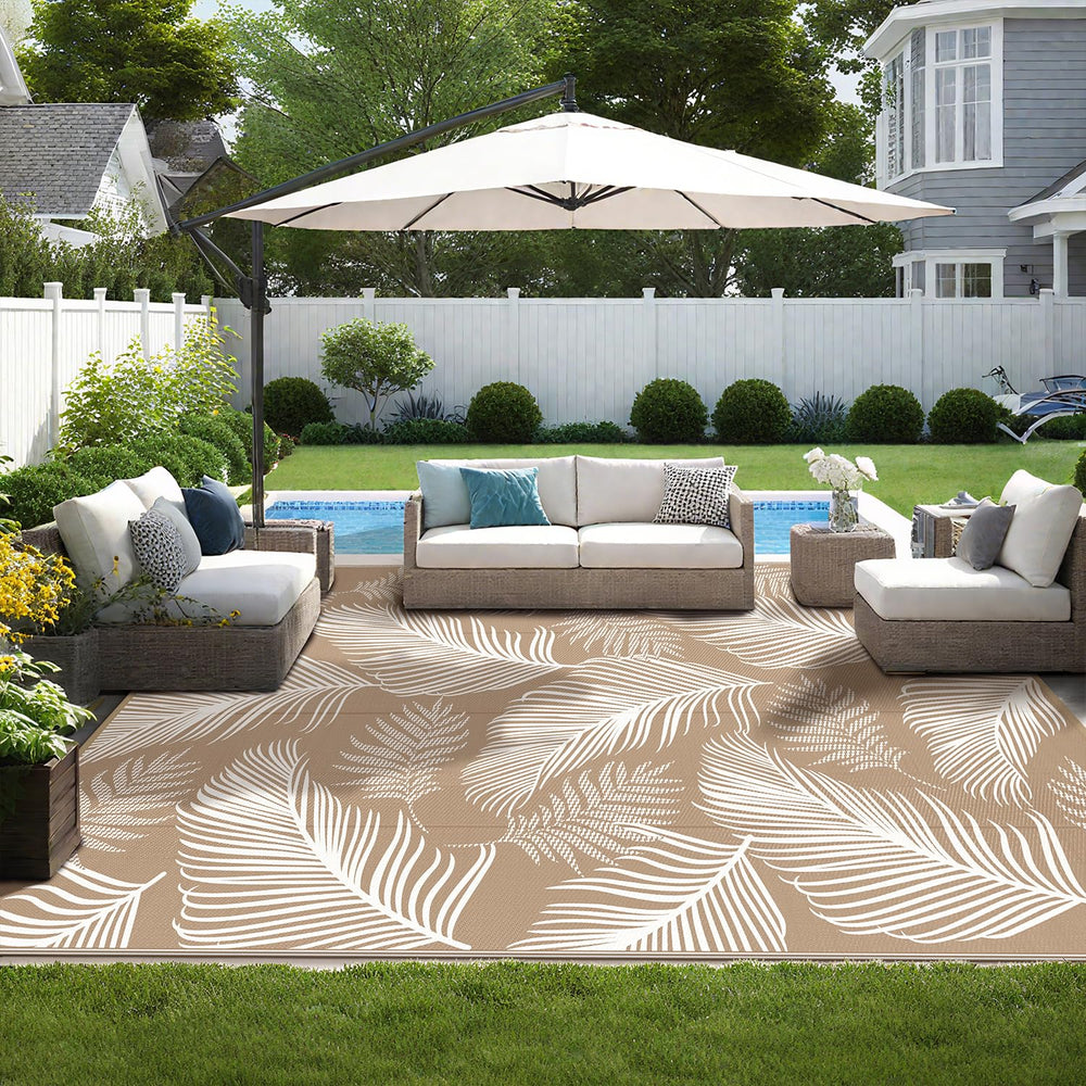 Pauwer Outdoor Rug 9x12 Leaf Brown close-up of leaf pattern