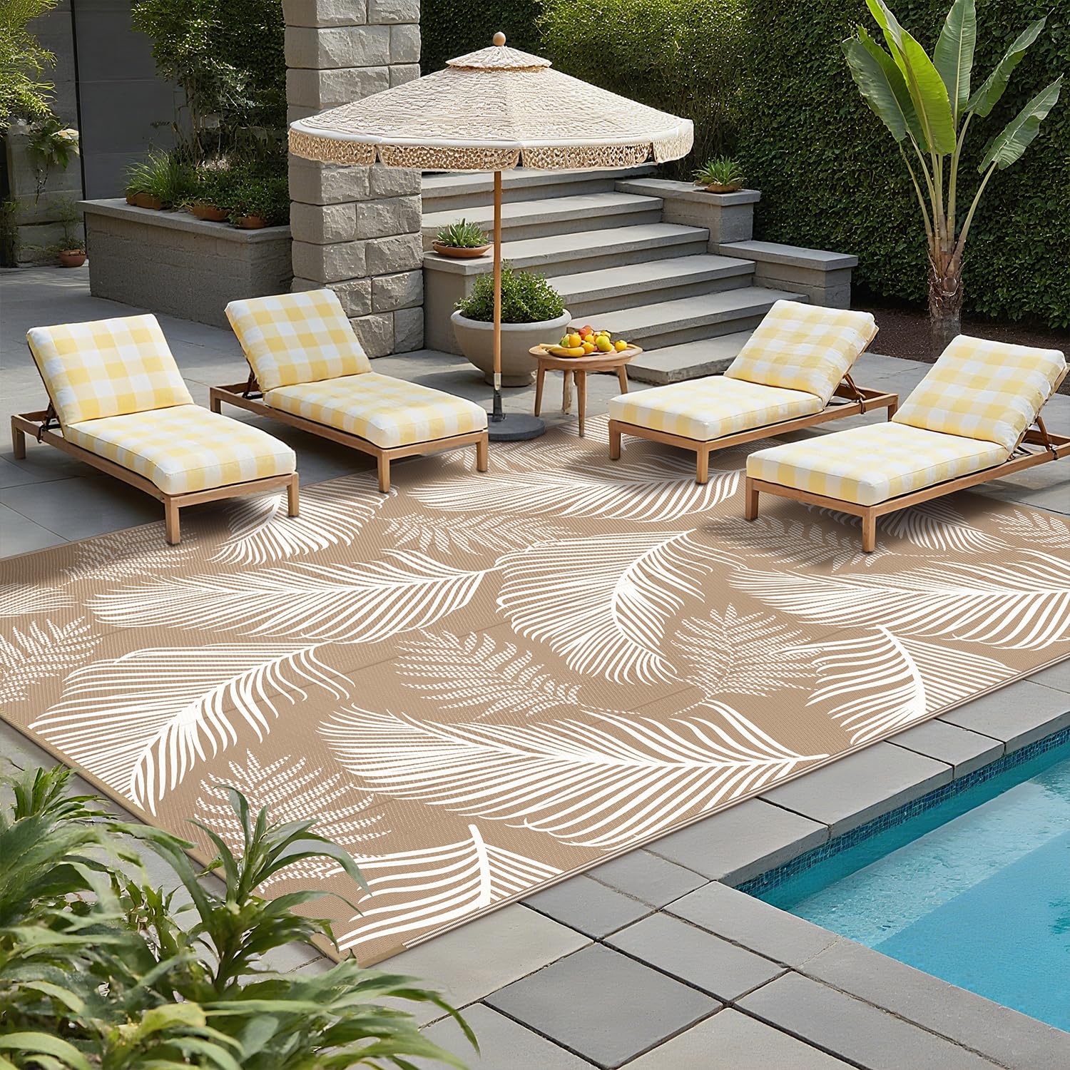 Pauwer Outdoor Rug 9x12 Leaf Brown on patio