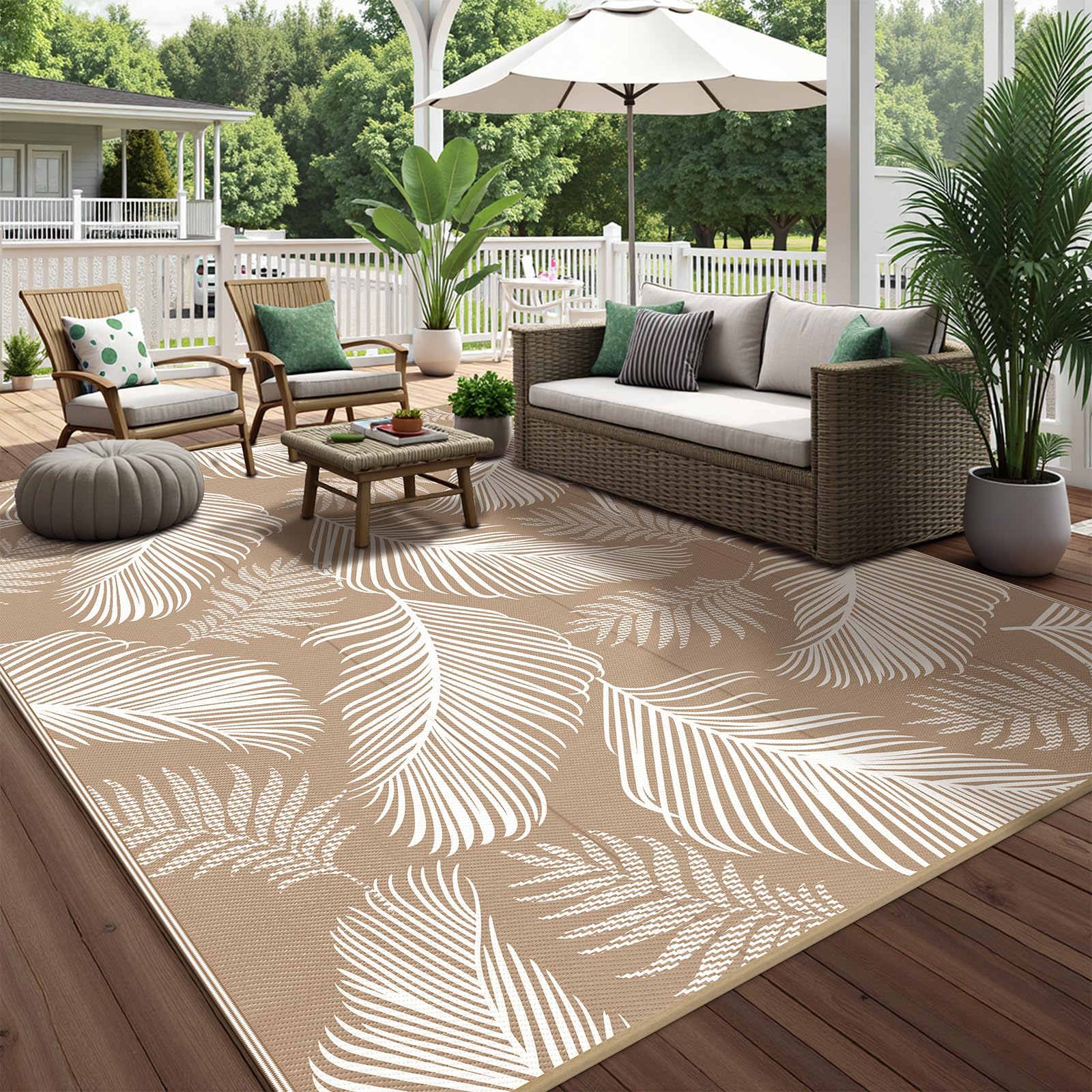 Pauwer Outdoor Rug 9x12 Leaf Brown rolled up with carrying bag