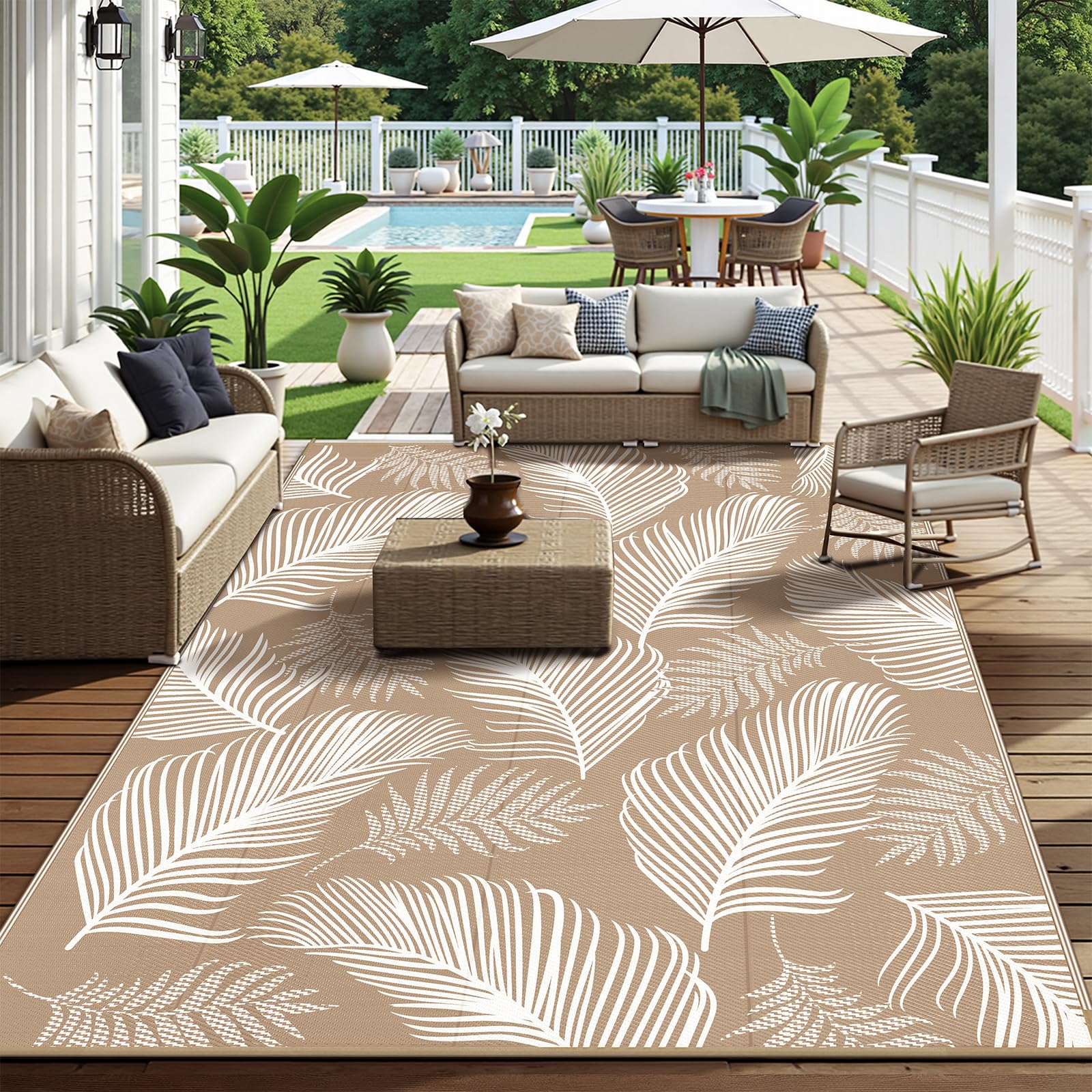 Pauwer Outdoor Rug 9x12 Leaf Brown used at a picnic