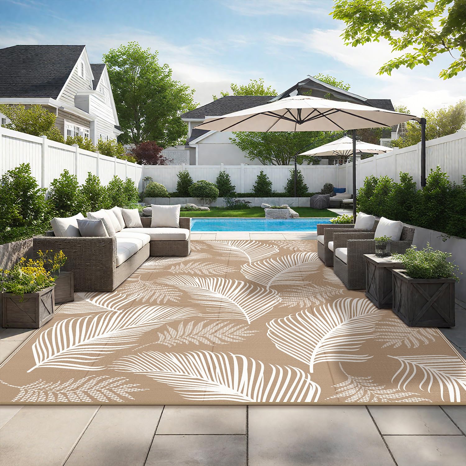 Pauwer Outdoor Rug 9x12 Leaf Brown with stakes for installation