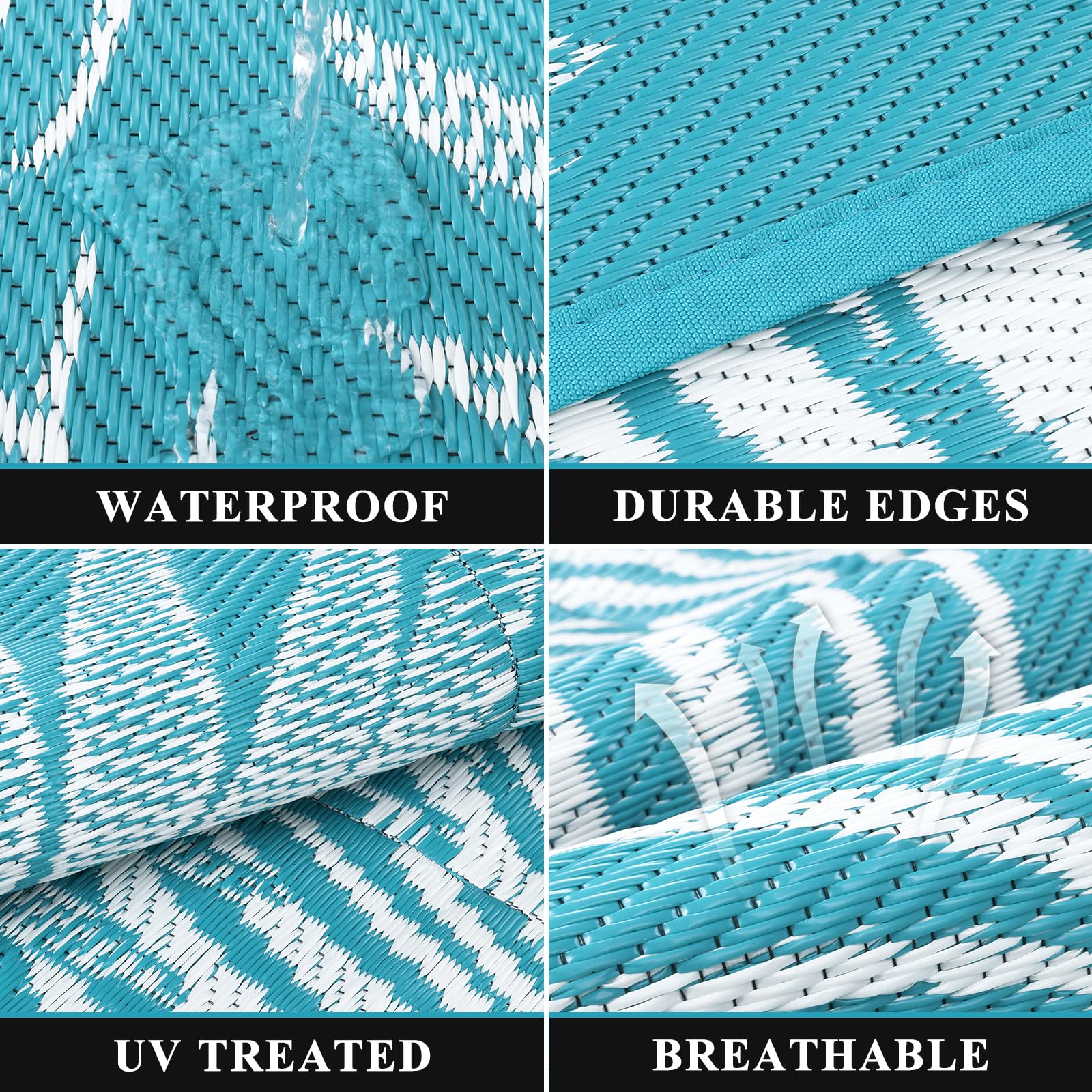 Pauwer Outdoor Rug Leaf Teal being used on a patio