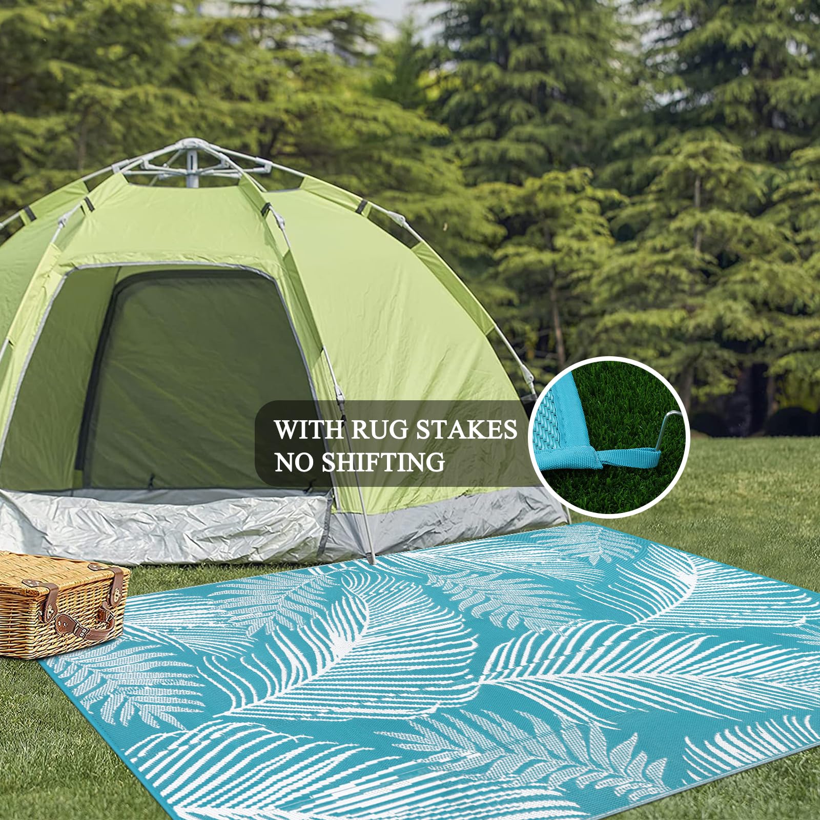 Pauwer Outdoor Rug Leaf Teal close-up of material texture