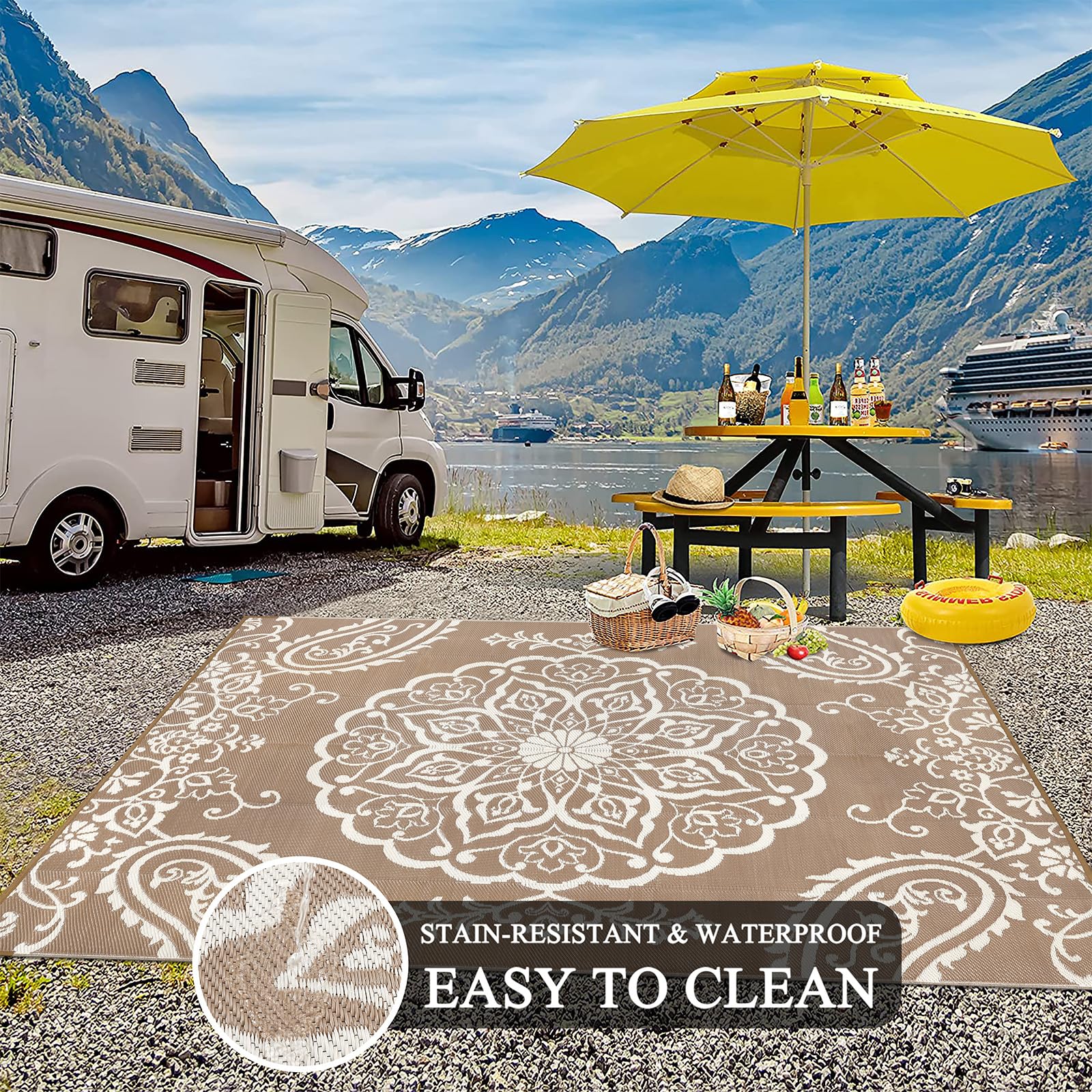 Pauwer Outdoor Rug shown on a patio
