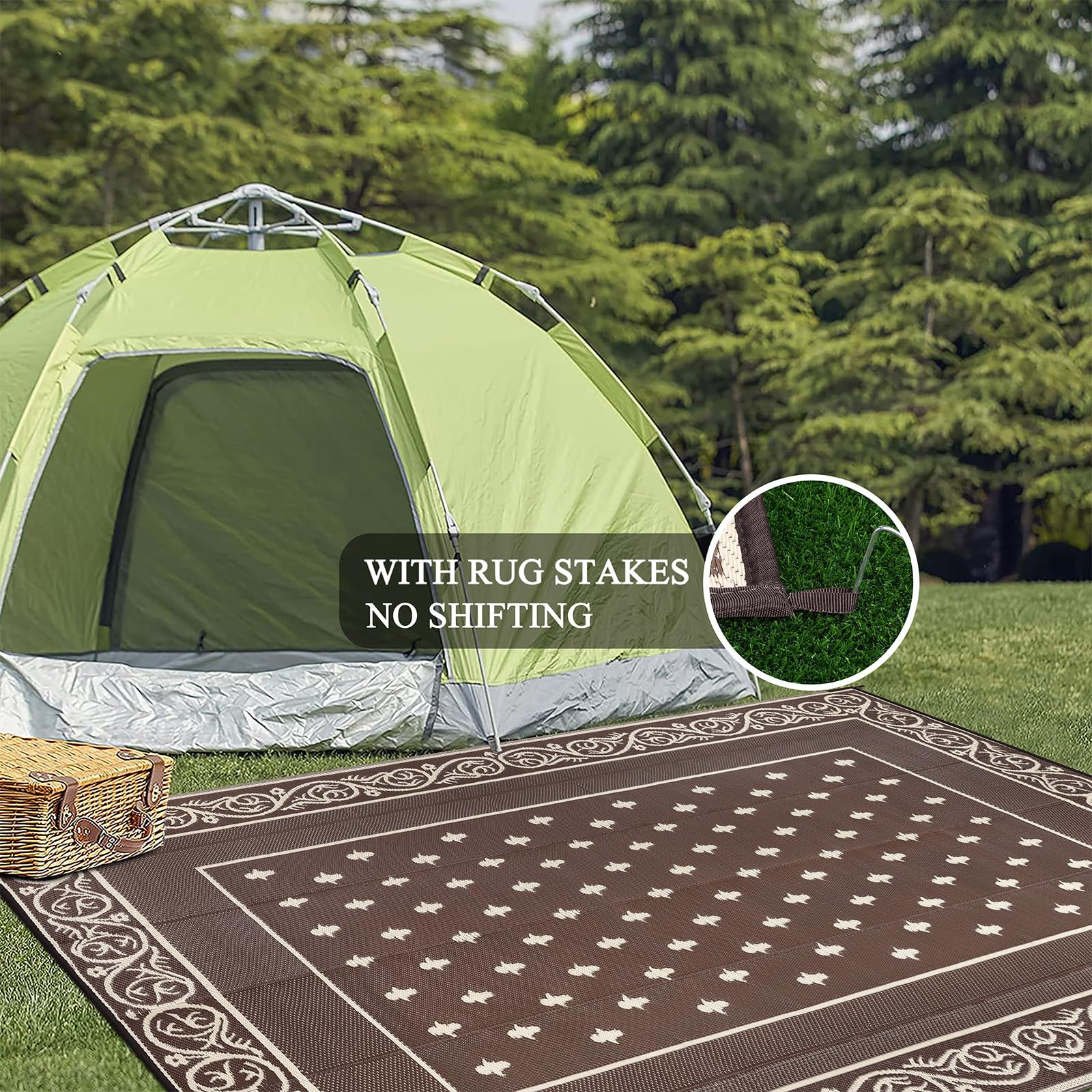 Pauwer outdoor rug with rug stakes for secure placement