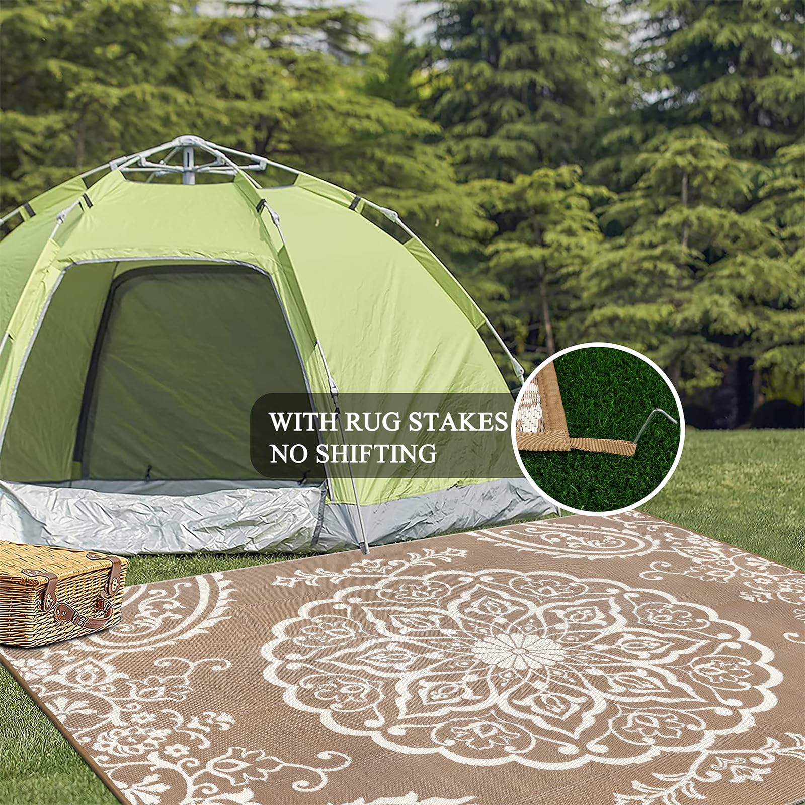 Pauwer Outdoor Rug with stakes for secure placement