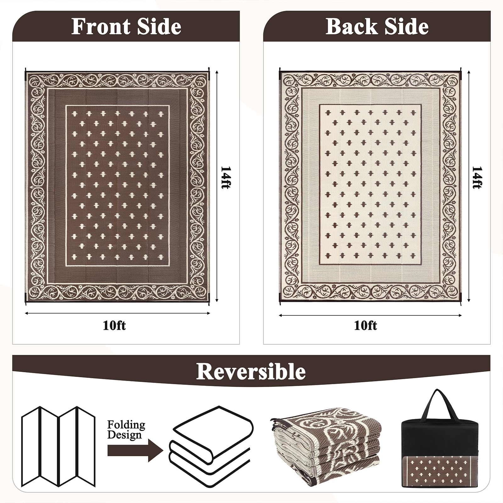 Pauwer Waterproof Outdoor Rug 10' x 14' bordered brown geometric pattern