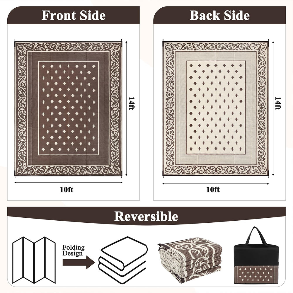Pauwer Waterproof Outdoor Rug 10' x 14' bordered brown geometric pattern