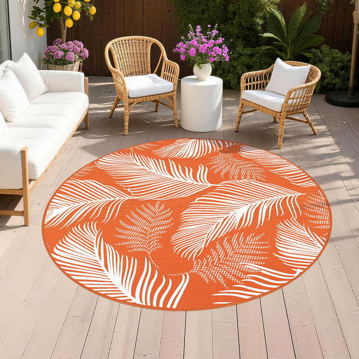 Pauwer Waterproof Outdoor Rug 6ft Round Leaf Orange front view
