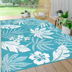 Pauwer Waterproof Outdoor Rug 6x9 Floral Teal front view
