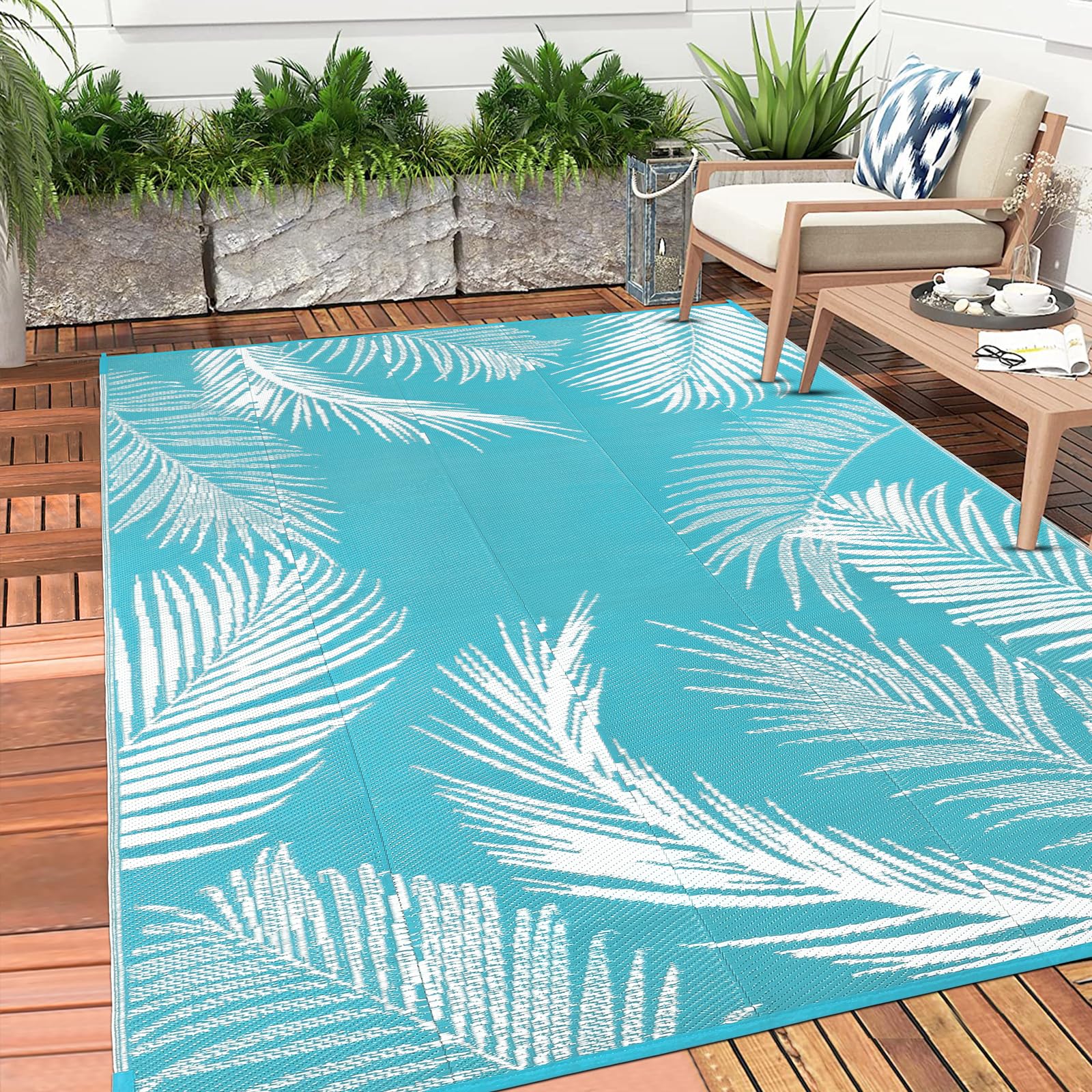Pauwer Waterproof Outdoor Rug 6x9 Leaf Teal reverse side