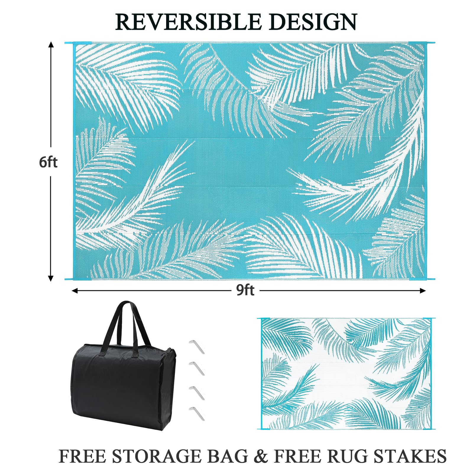 Pauwer Waterproof Outdoor Rug 6x9 Leaf Teal with carrying bag