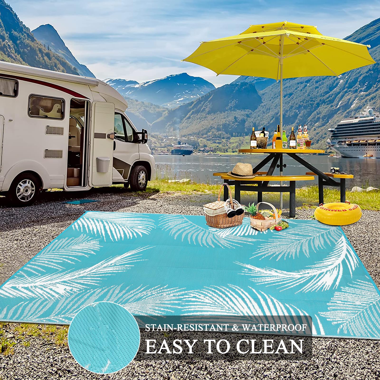 Pauwer Waterproof Outdoor Rug 6x9 Leaf Teal with rug stakes